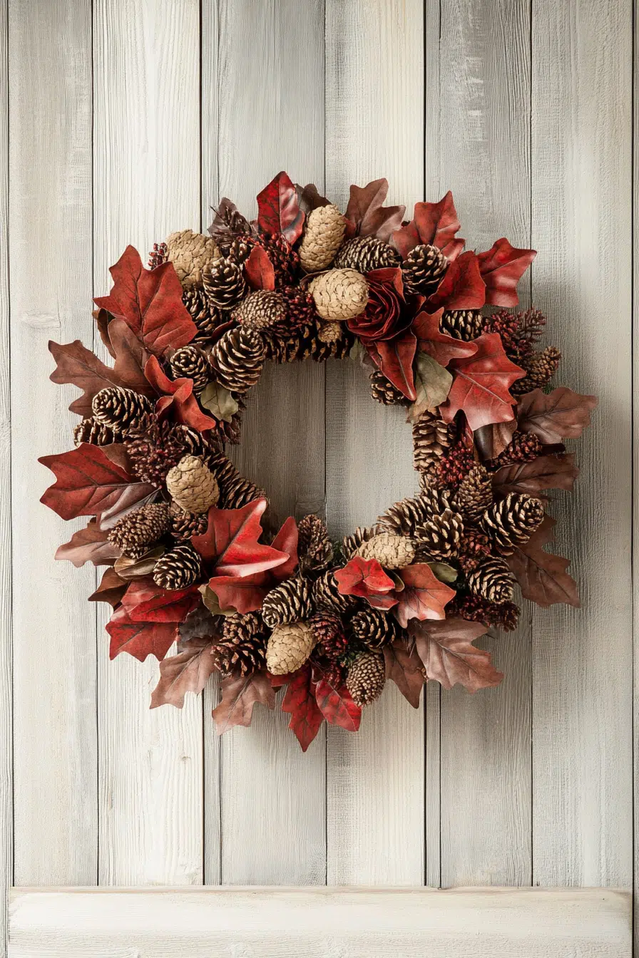 ALT: An autumnal wreath with pine cones, red leaves, and berries hung on a rustic white wooden door.