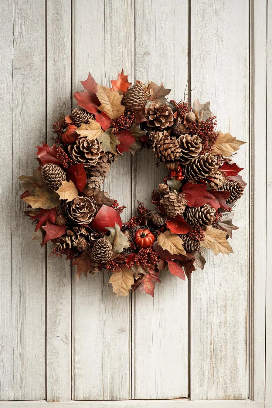 A festive autumn wreath with pine cones, red berries, and fall leaves hung on a white wooden door.