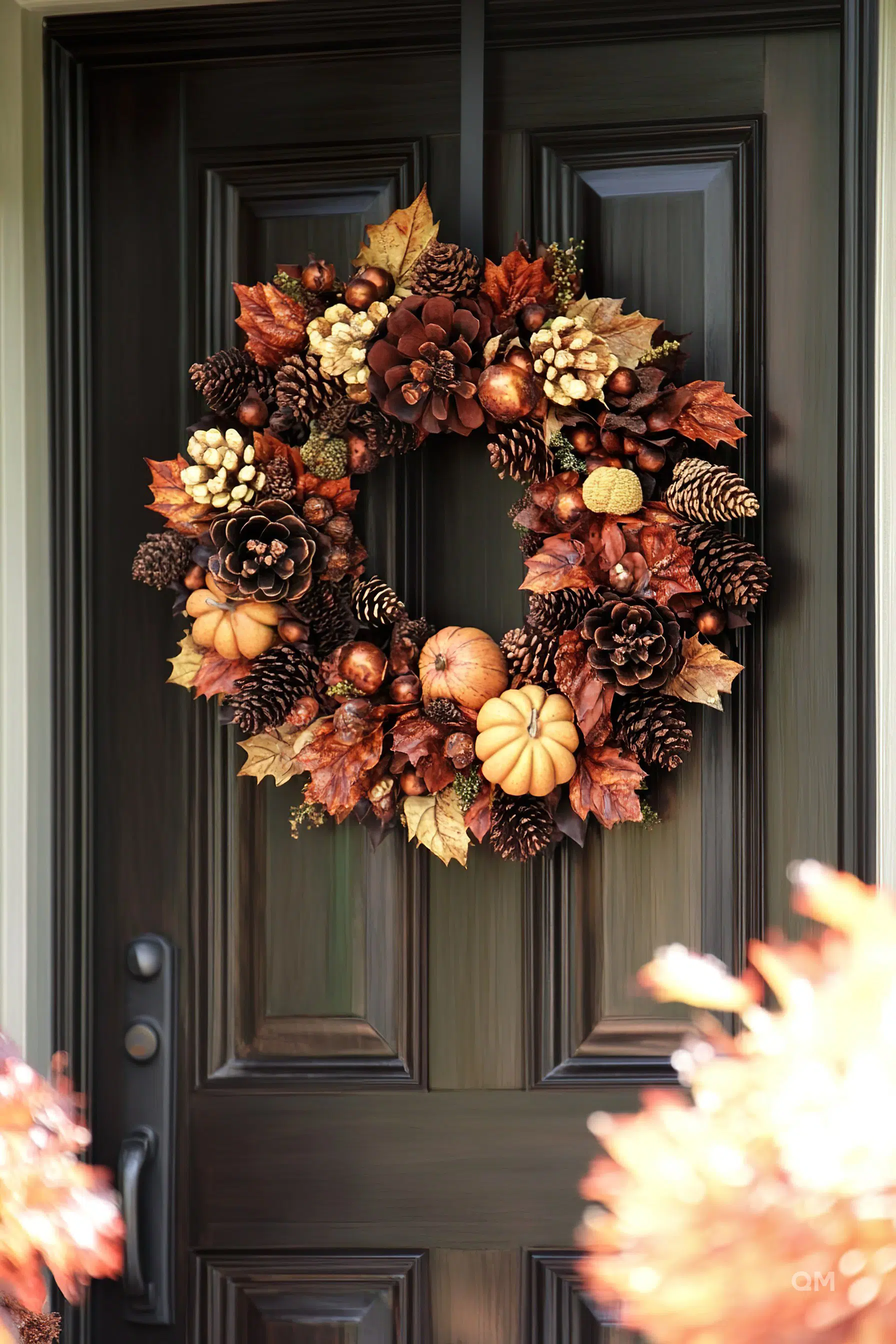 Autumn-themed wreath with pine cones, leaves, and pumpkins on a dark wooden door.