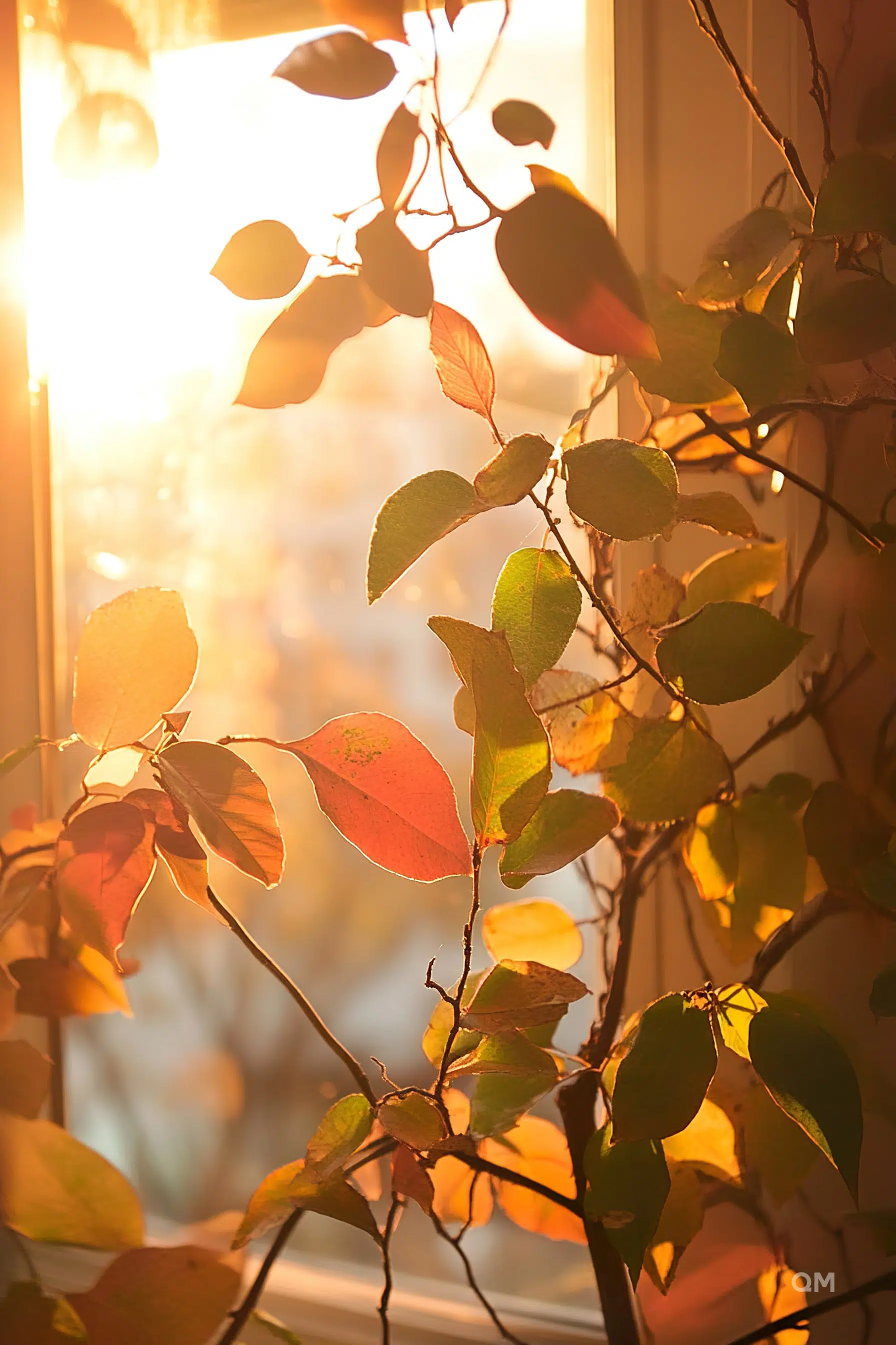 Warm sunlight filters through colorful leaves by a window, casting a soft, golden glow.