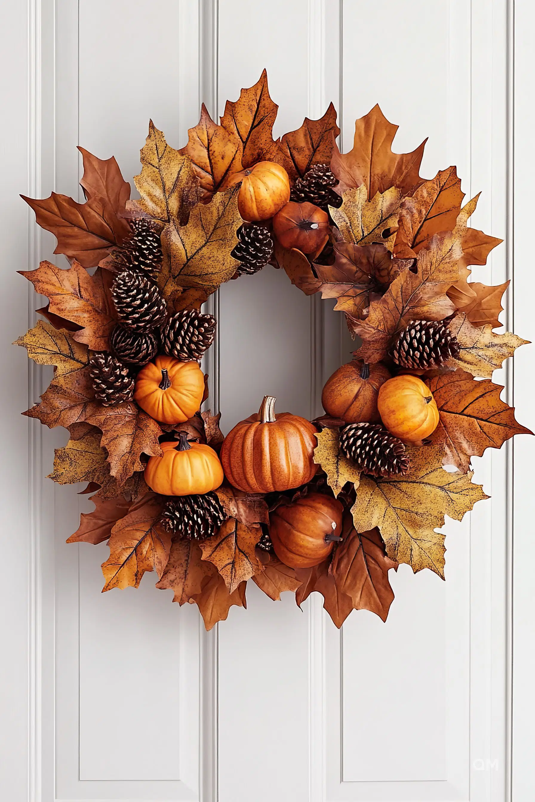 An autumn wreath with dried maple leaves, pine cones, and multiple small pumpkins hung on a white door.