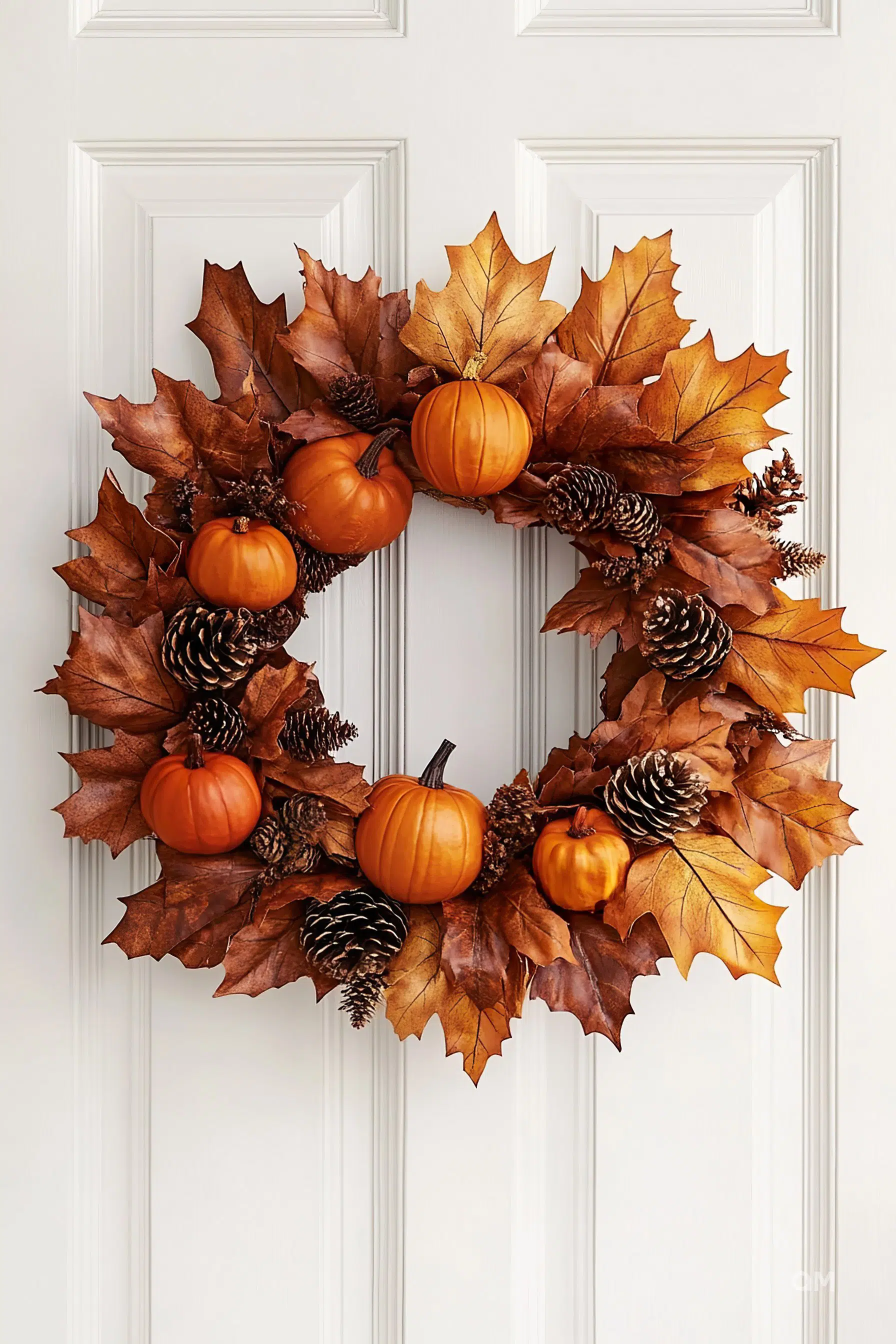 A festive autumn wreath with orange pumpkins, pine cones, and brown leaves on a white door.