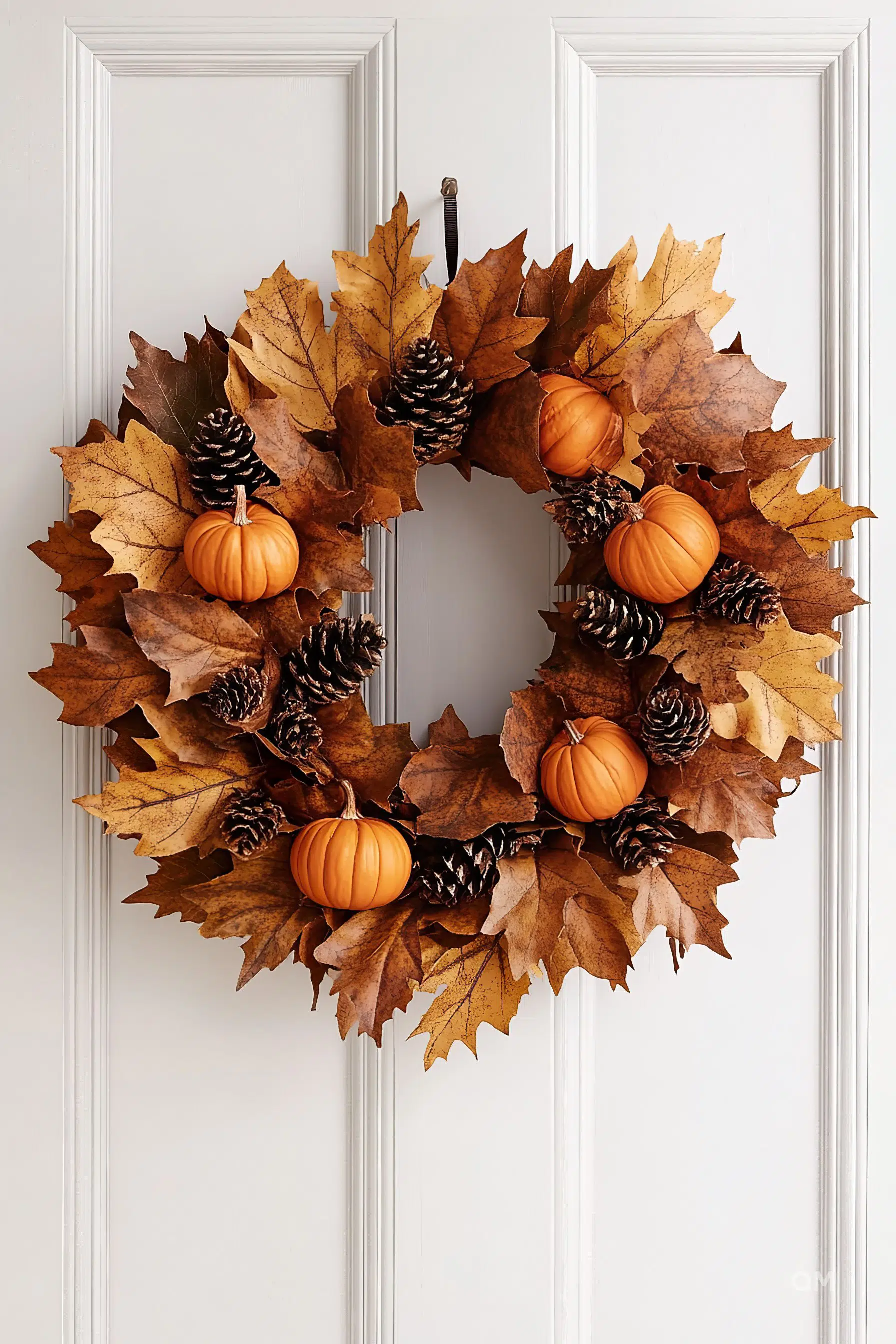 Autumn-themed wreath with brown leaves, pine cones, and small pumpkins hanging on a white door.