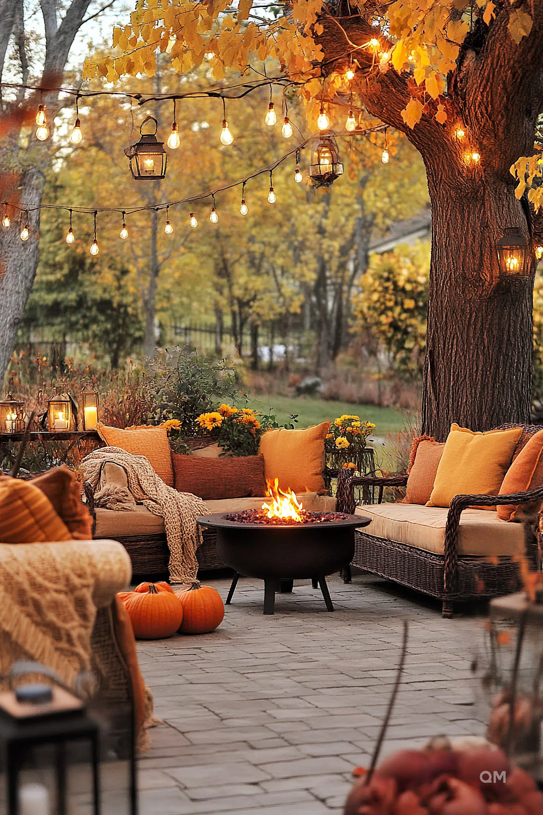 Cozy outdoor autumn setting with string lights, a fire pit, sofas with cushions, pumpkins, and fall foliage.