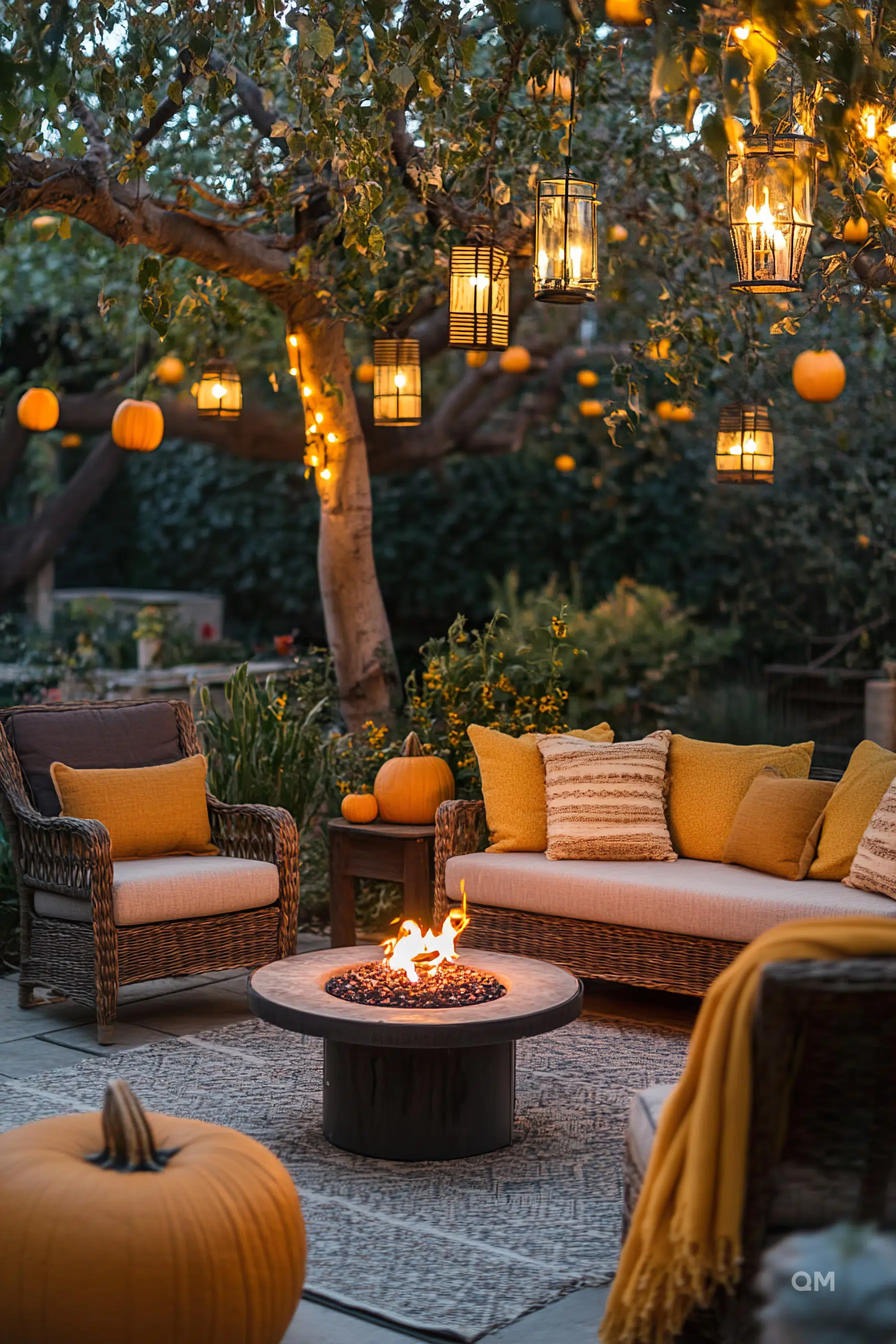 Cozy outdoor seating area with a fire pit, warm lighting from hanging lanterns, sofas with cushions, and seasonal pumpkins under a tree.
