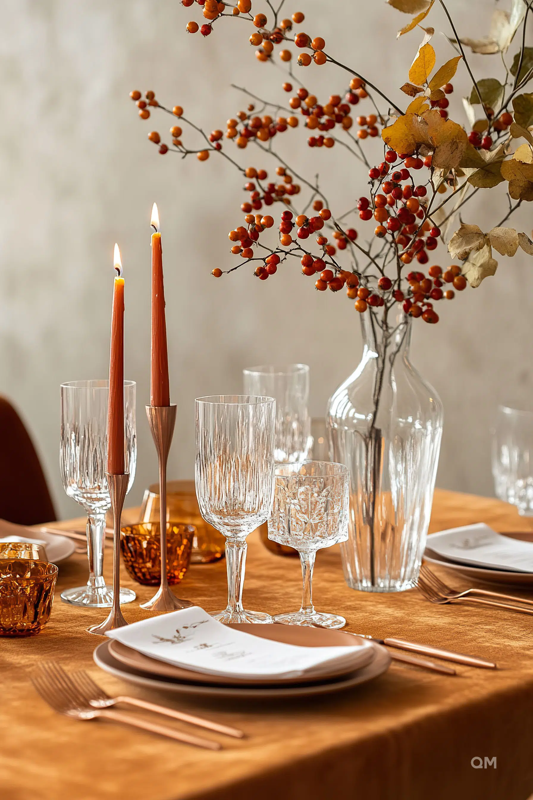 Elegant dining table setting with lit candles, crystal glassware, and autumnal berry branch centerpiece on a golden tablecloth.