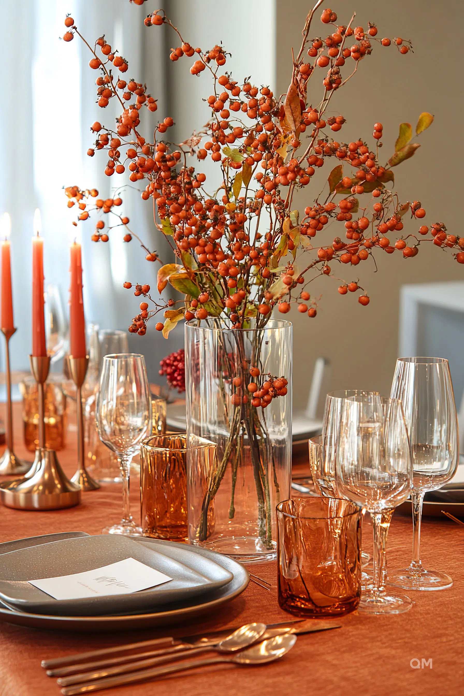 Elegant dining table setup with burnt orange accents, berry branches centerpiece, lit candles, and glassware.
