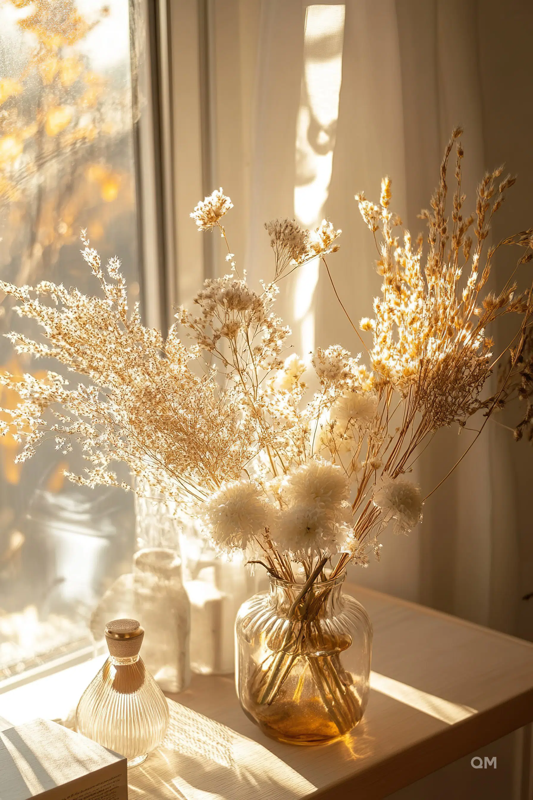 ALT: Warm sunlight bathing a clear vase with dried flowers on a wooden table by the window, with golden autumn leaves visible outside.