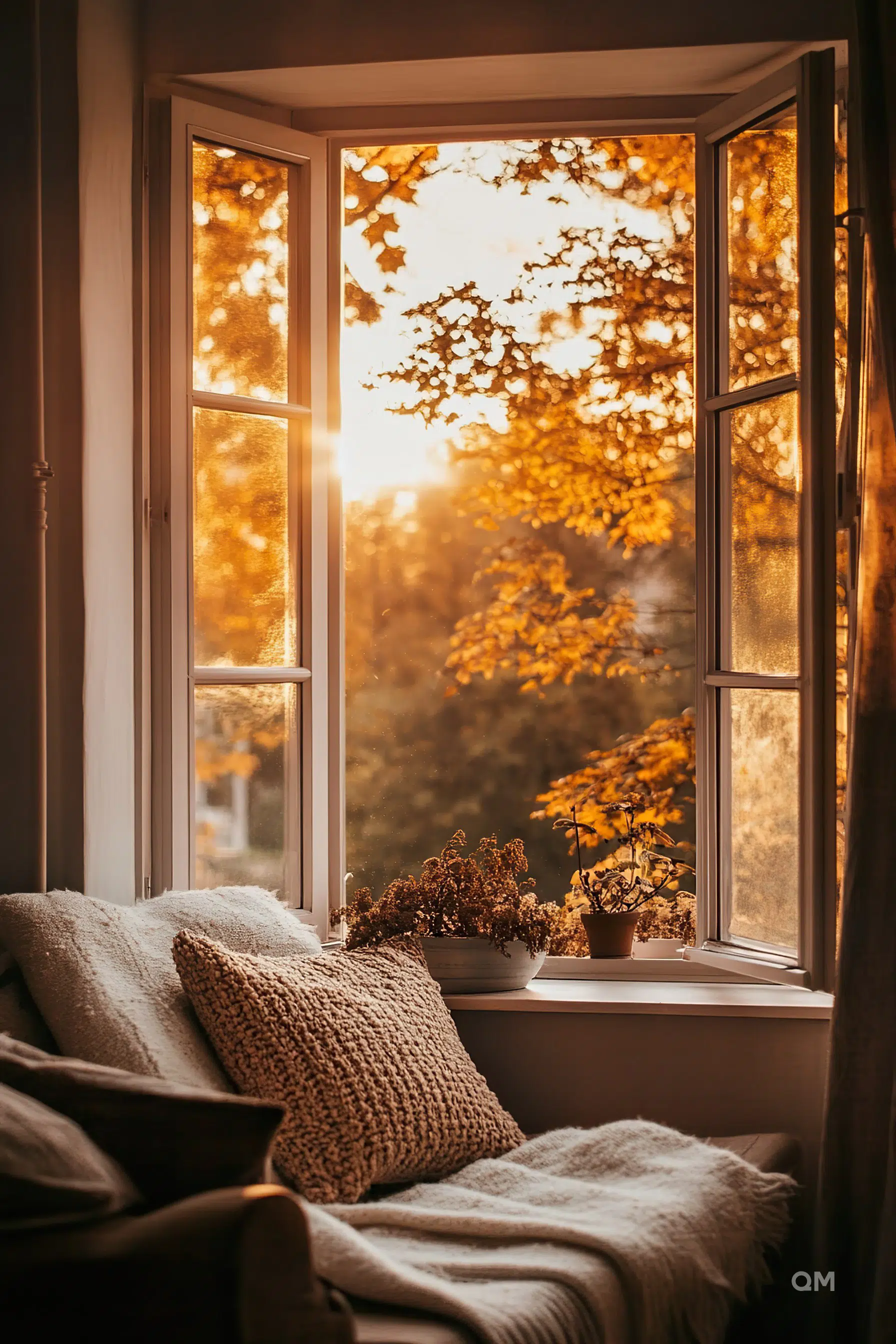 A cozy corner by a window with golden autumn foliage outside, plush cushions and a throw blanket invite relaxation indoors.
