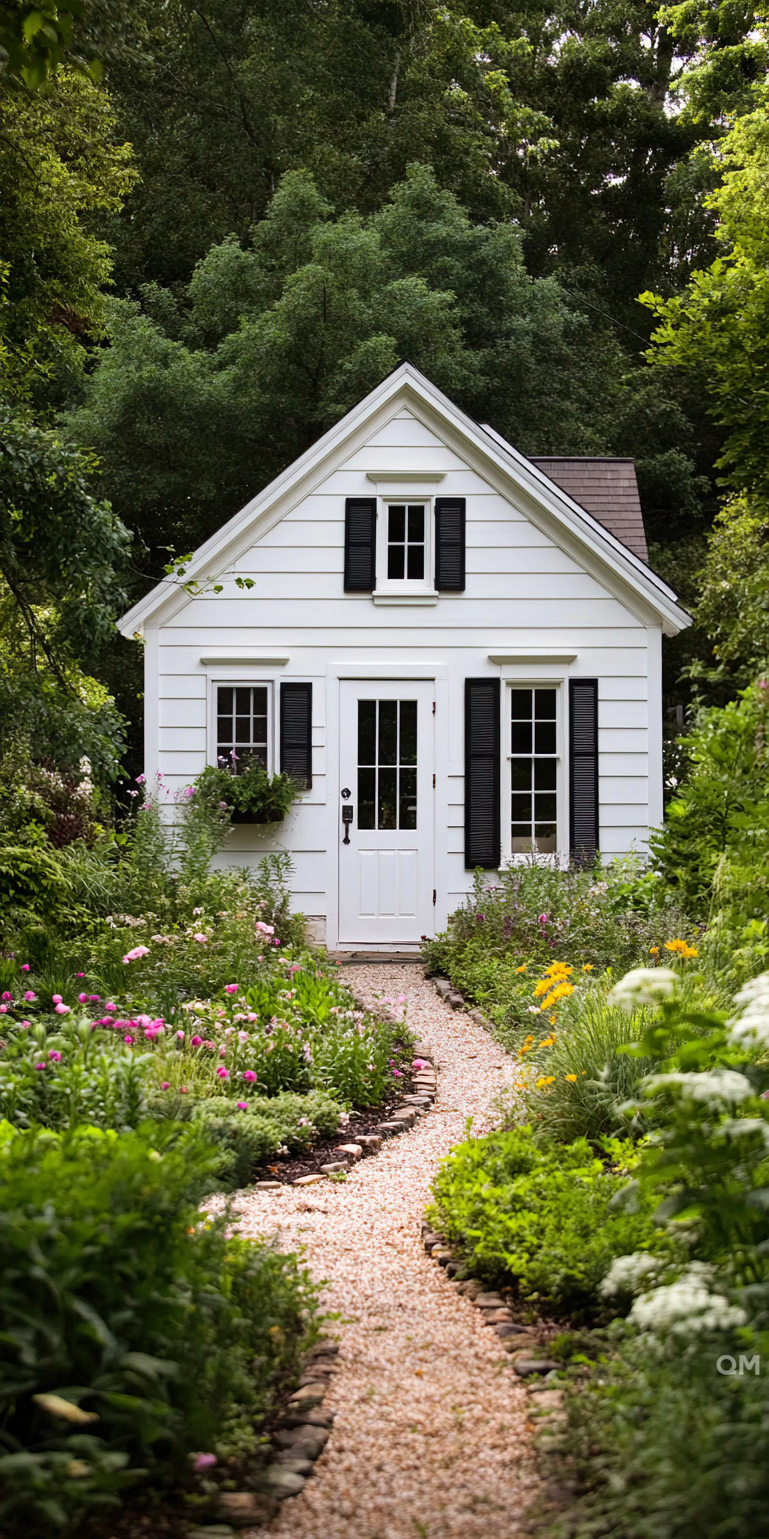 Charming white cottage with black shutters surrounded by lush garden and pebble path leading to the front door.