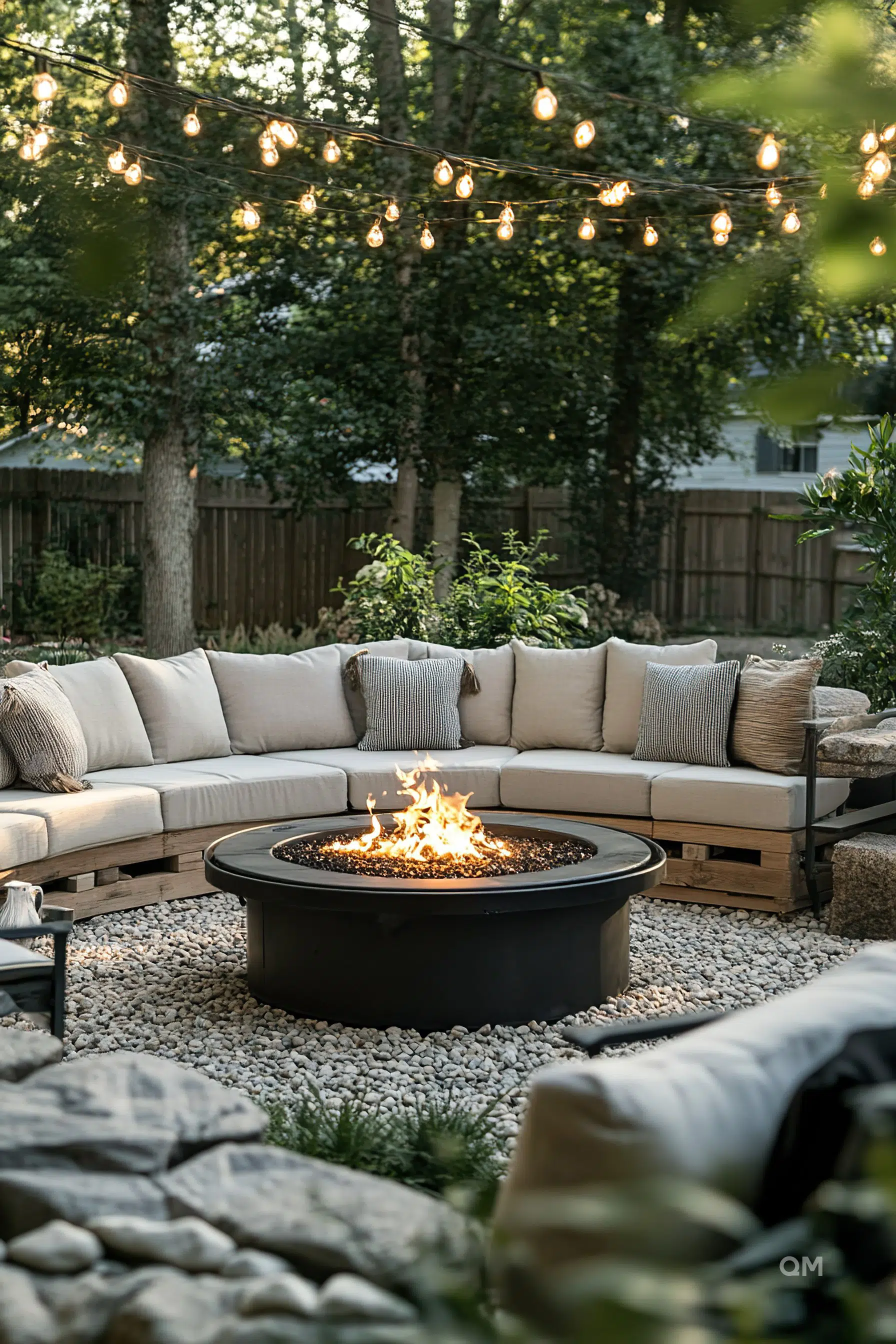 Cozy backyard evening setting with string lights, a fire pit, sectional sofa, surrounded by trees and a wooden fence.