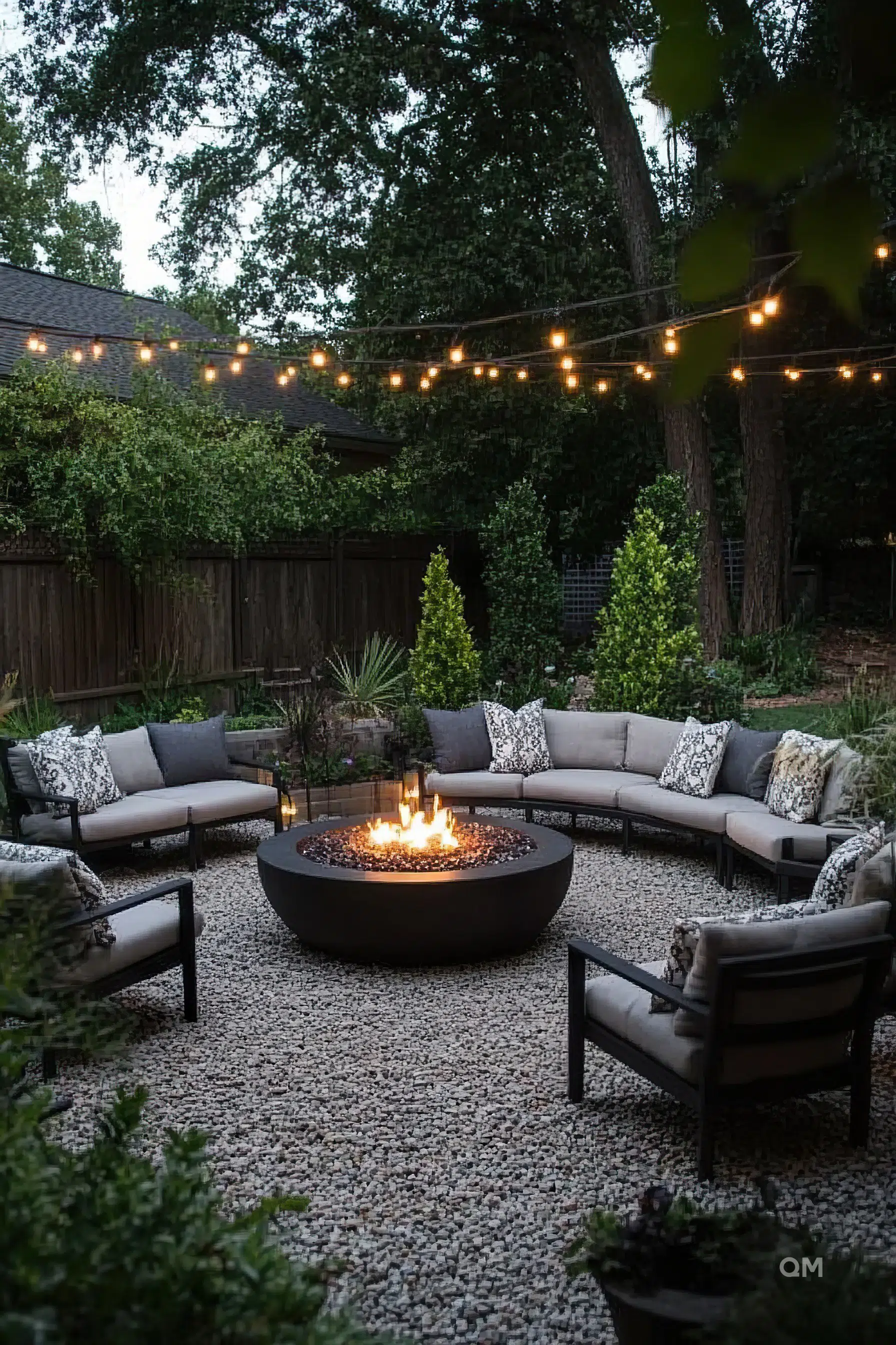 Cozy outdoor patio with sectional sofas surrounding a central fire pit, string lights above, and a pebbled ground, at dusk.