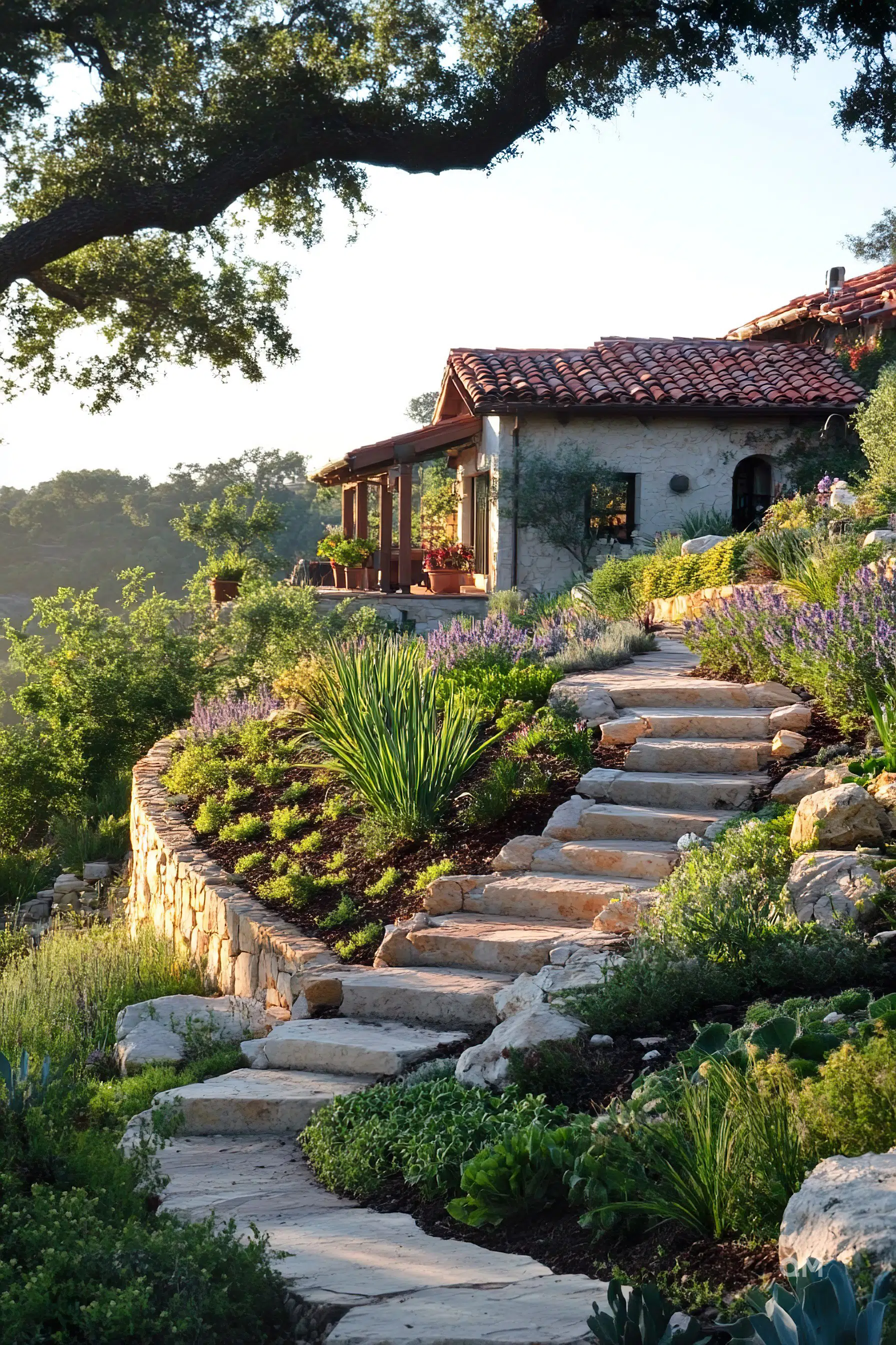 Stone steps ascend through a landscaped garden to a rustic house with a red-tiled roof, under the shade of a large tree.