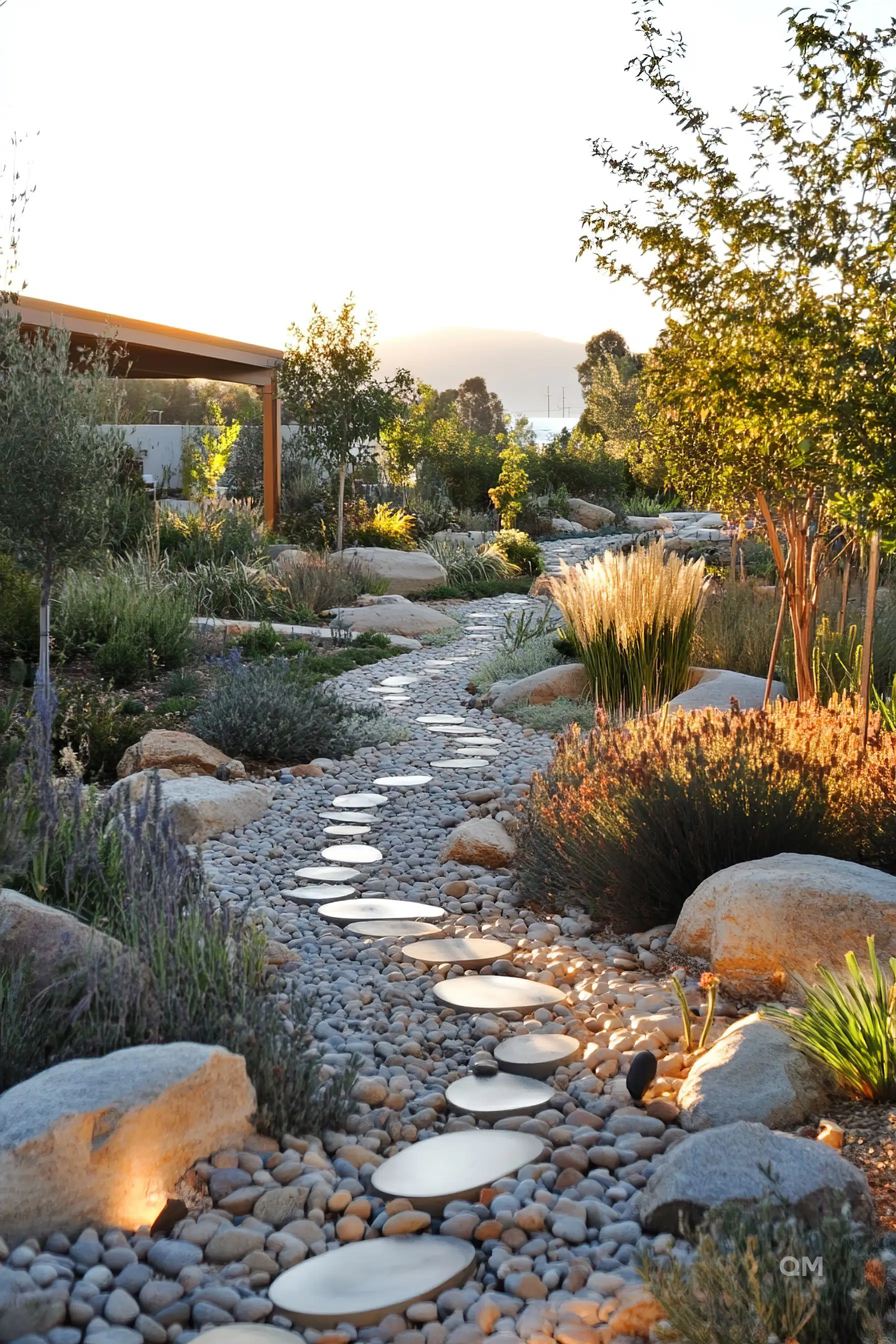 A serene garden pathway lined with smooth stones and dotted with white circular stepping stones, surrounded by lush plants and bathed in warm sunset light.