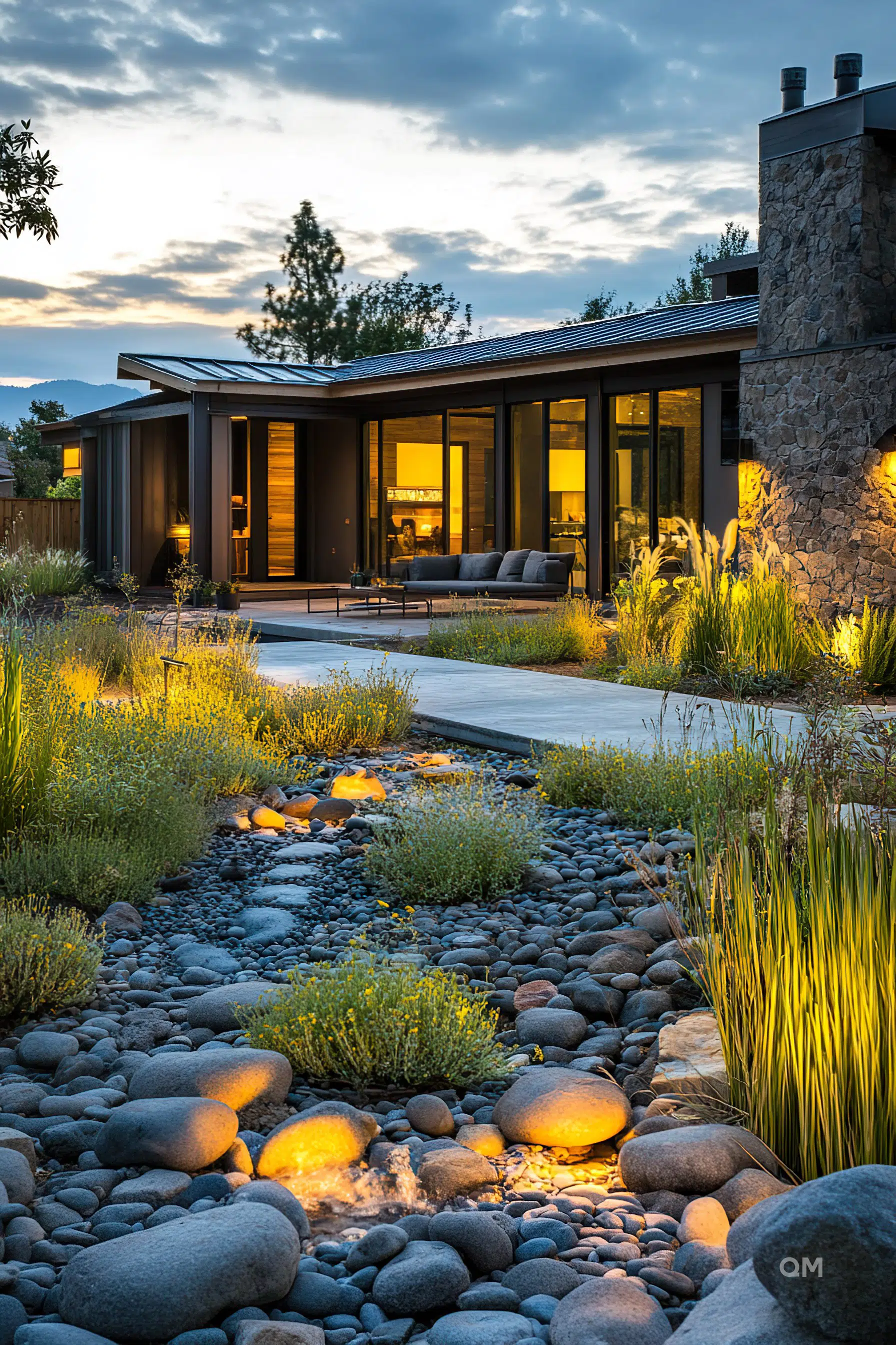 Modern house with illuminated windows at dusk, featuring a stone pathway and a lit rock garden with ornamental grasses.