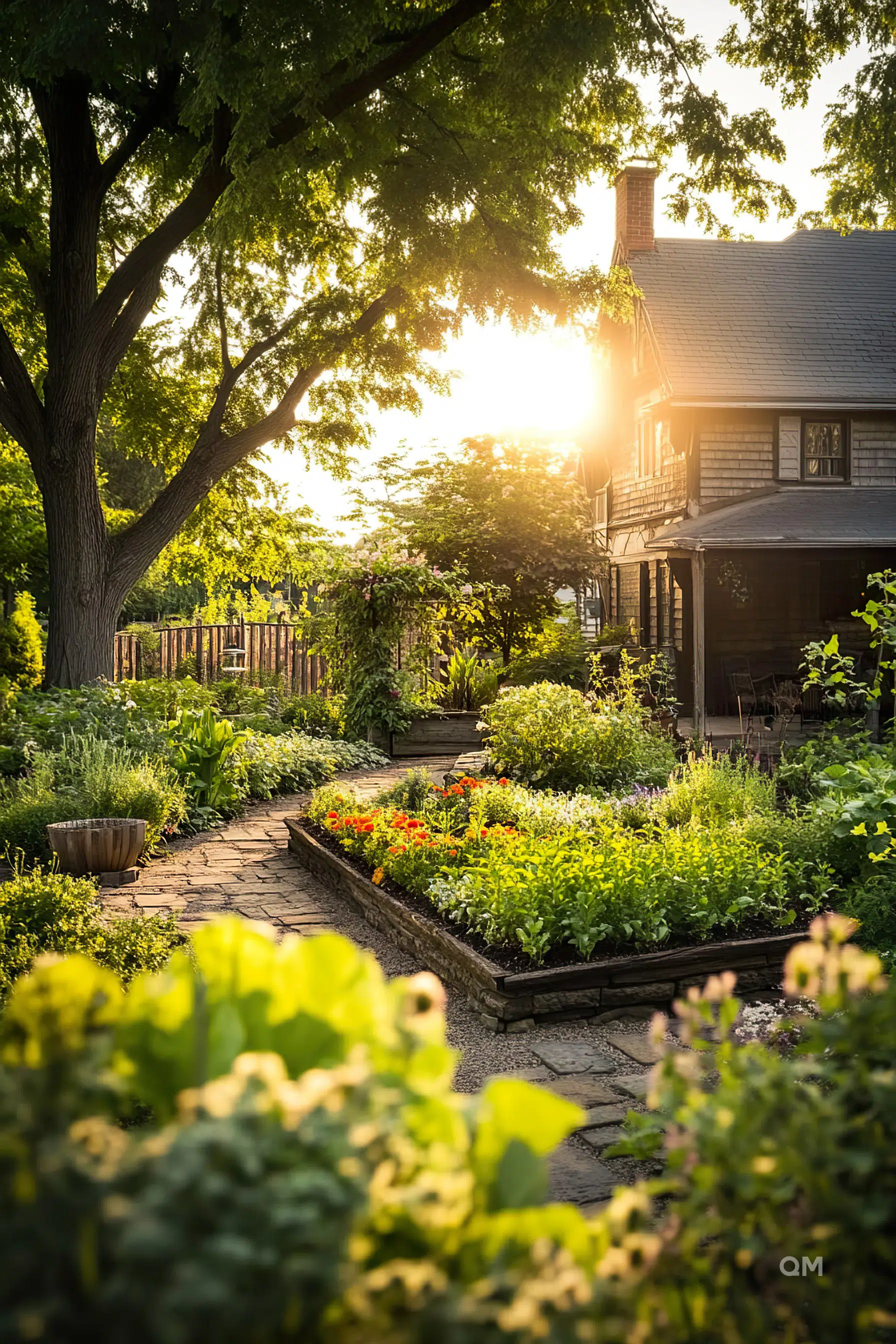 Sunset over a lush garden with a stone path leading to a cozy house among the trees.