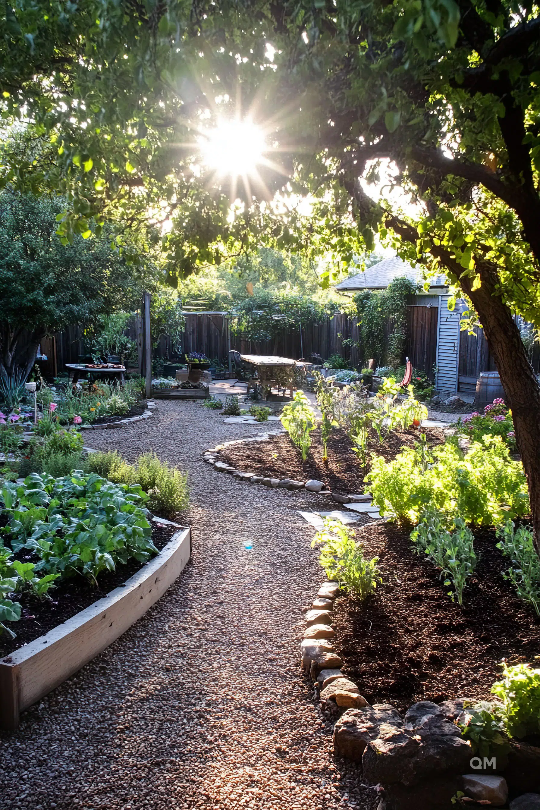 Sunlight shining through tree leaves over a serene backyard garden with gravel paths and raised vegetable beds.