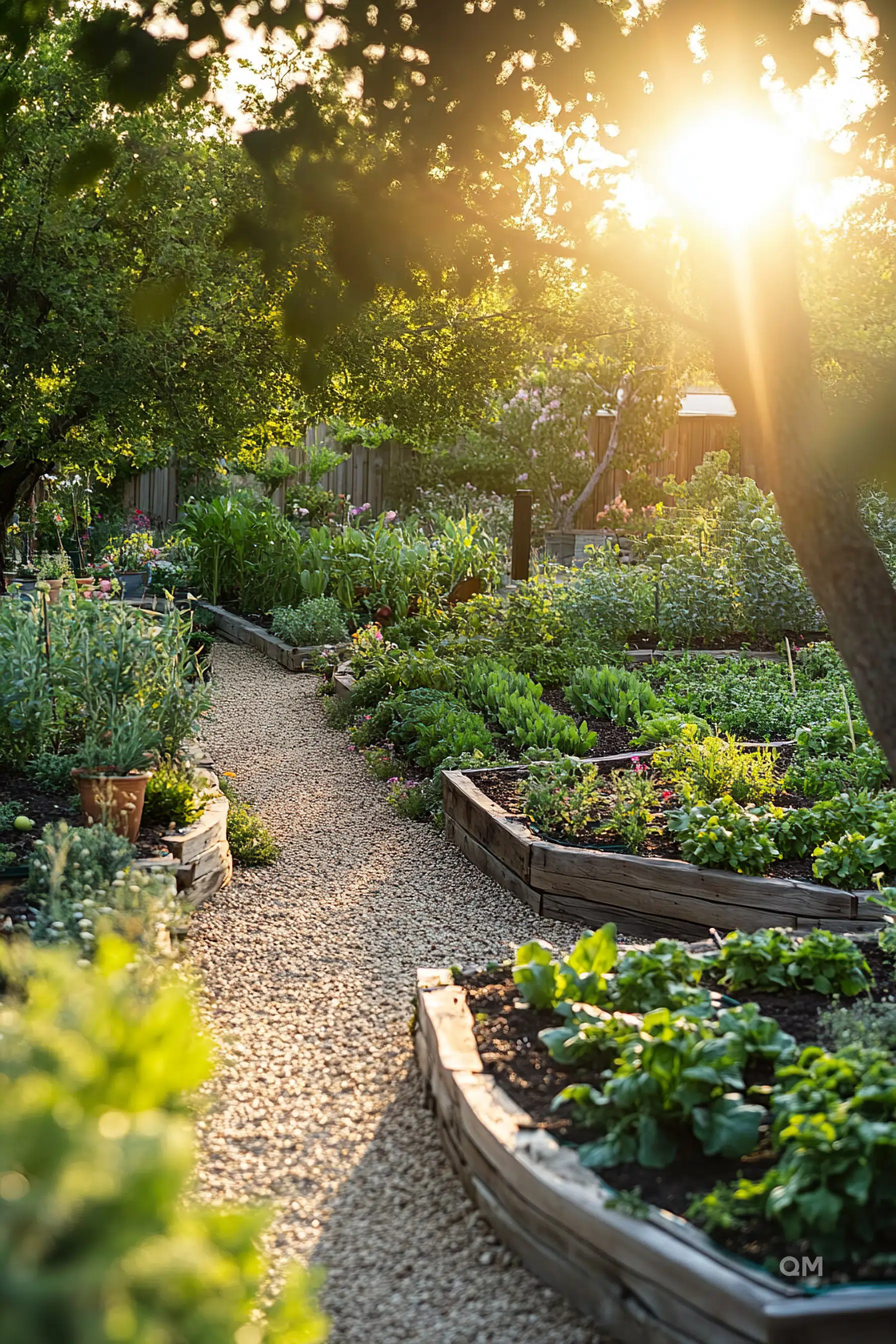 A sunlit garden pathway lined with lush vegetable beds and flowering plants, dappled with the warm glow of a setting sun.