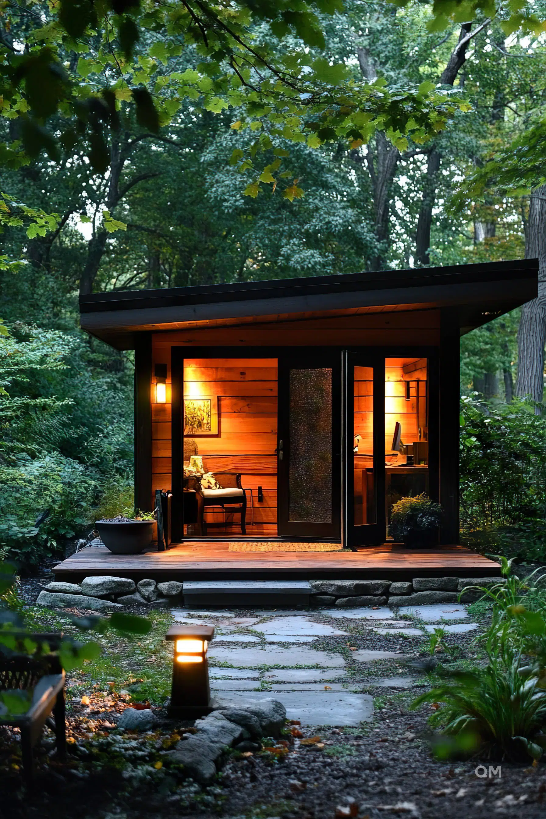 A cozy modern cabin with warm interior lighting, nestled in a lush forest at dusk, with a stone pathway leading to the entrance.