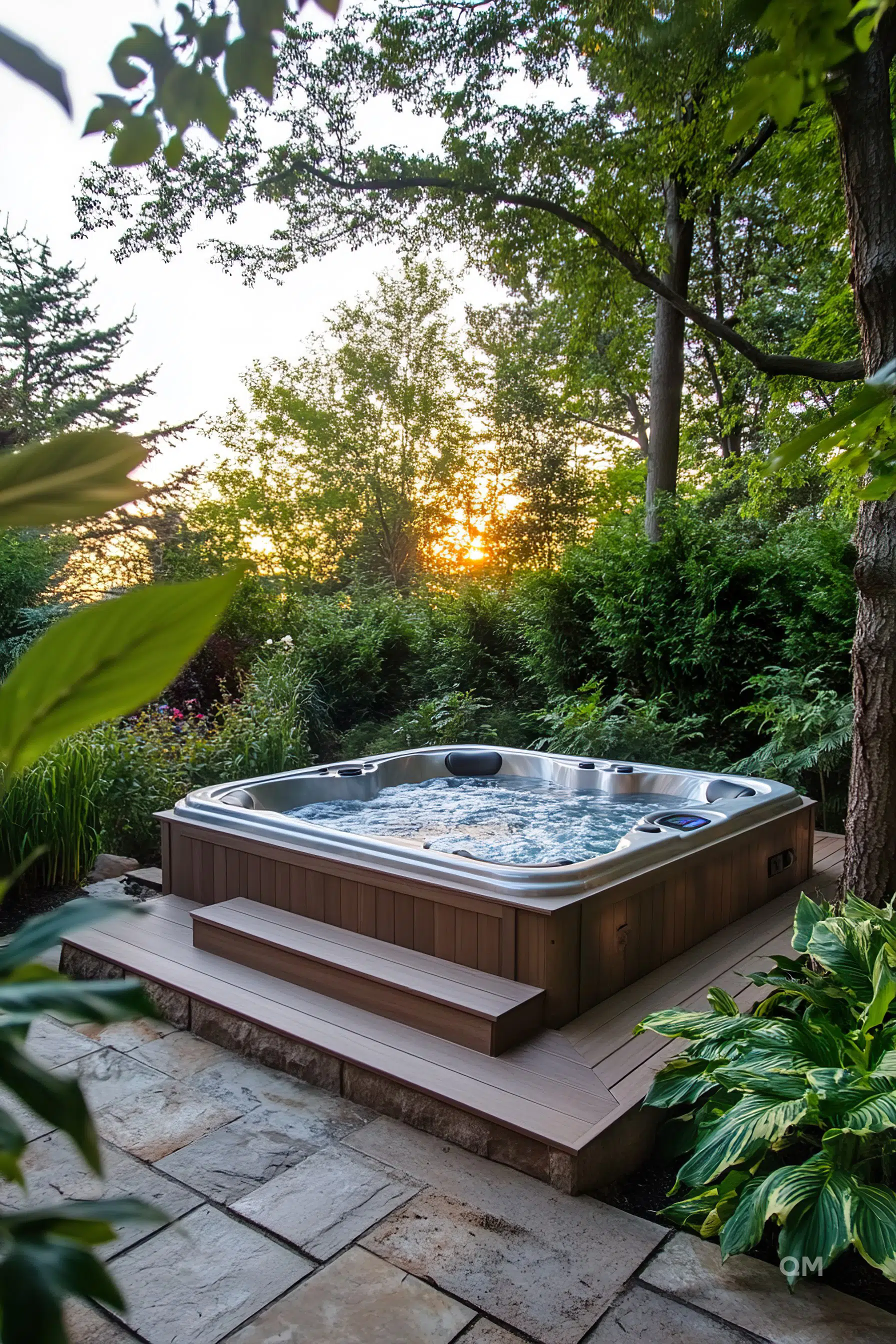 A serene backyard setting with a hot tub on a stone patio, surrounded by lush plants and trees against a sunset backdrop.