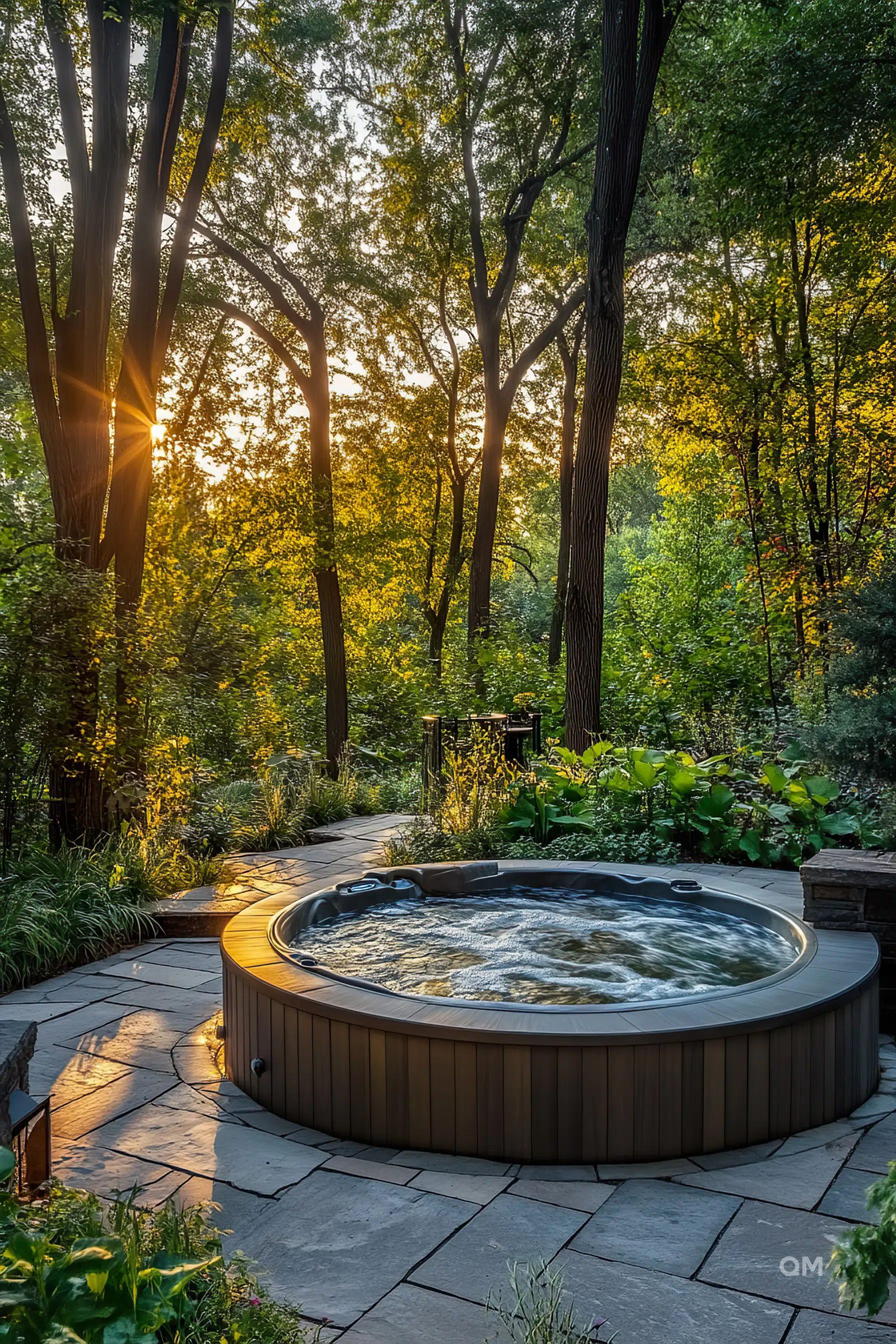 A serene backyard at sunset with sun rays peeking through tall trees, highlighting an inviting hot tub surrounded by stone pavers and lush greenery.