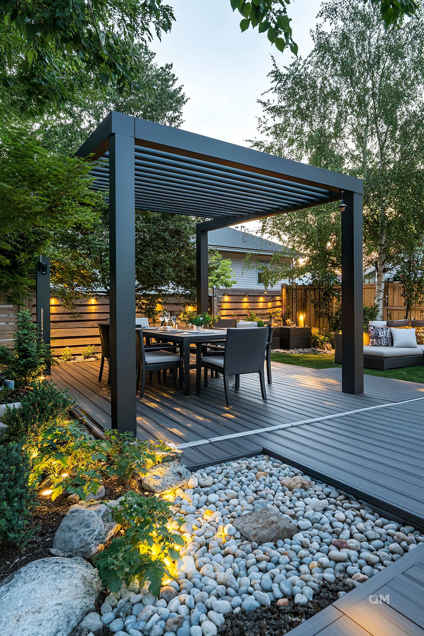 A modern backyard patio with decking, a pergola, outdoor dining furniture, lighting, and landscaped with rocks and plants.
