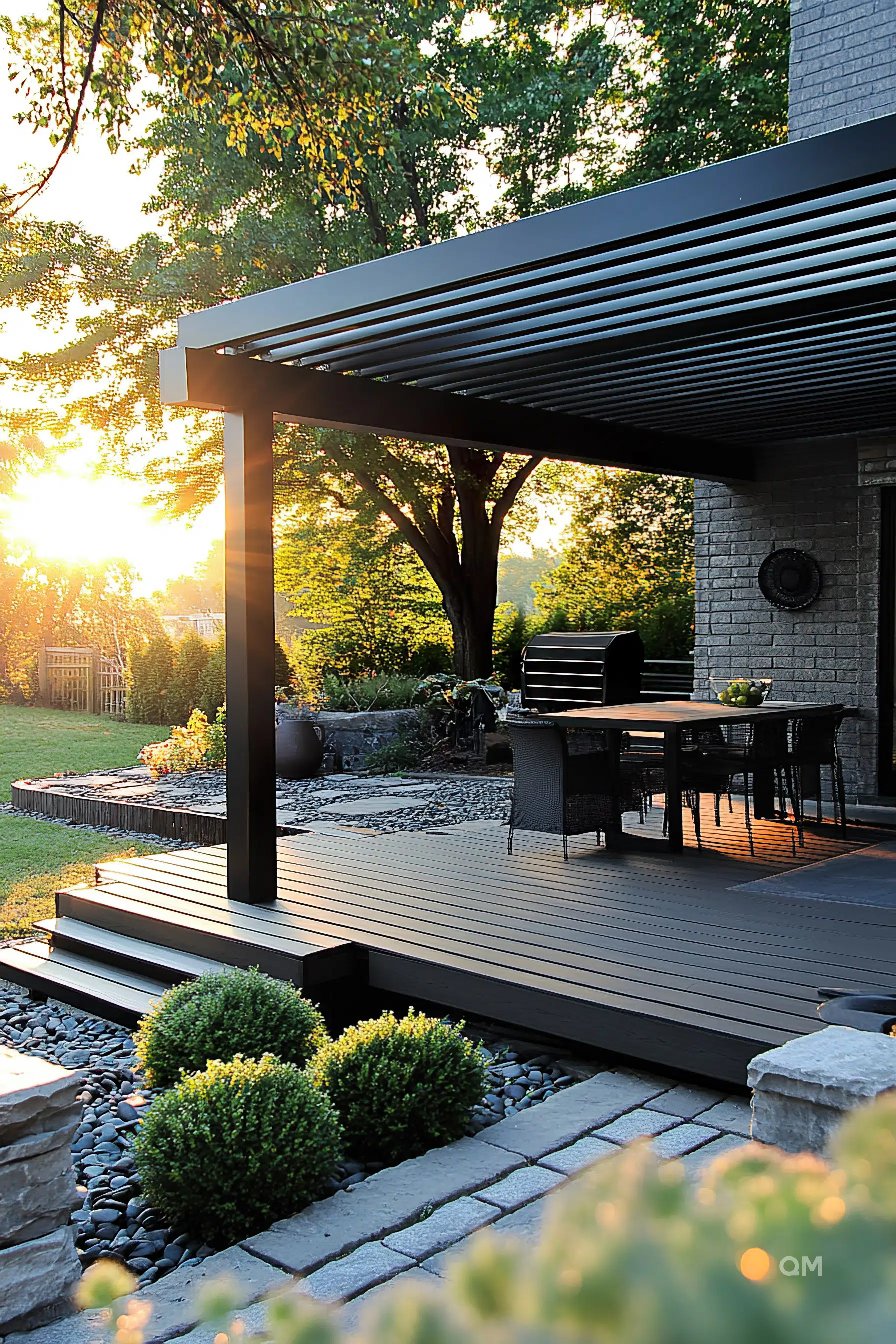 ALT: A modern backyard patio at sunset with a pergola, dining set, and neatly landscaped garden featuring shrubs and stone walkways.