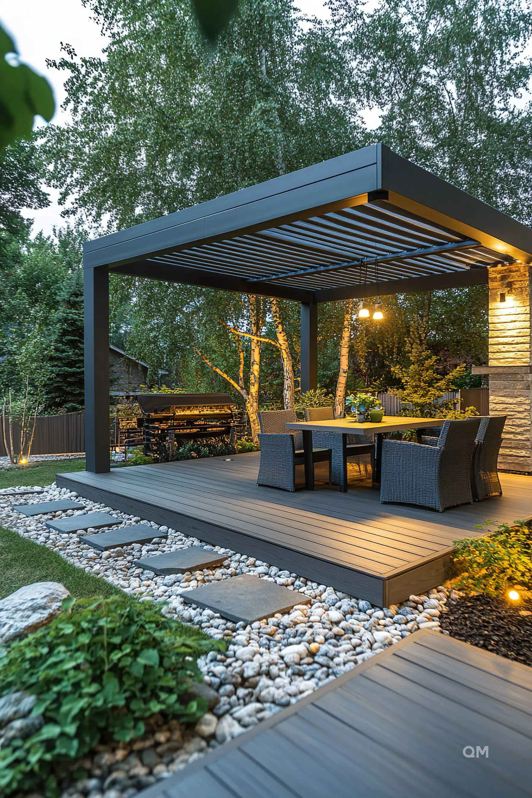 ALT: A modern backyard patio with pergola, dining furniture set, and decorative stone walkway surrounded by lush greenery during dusk.