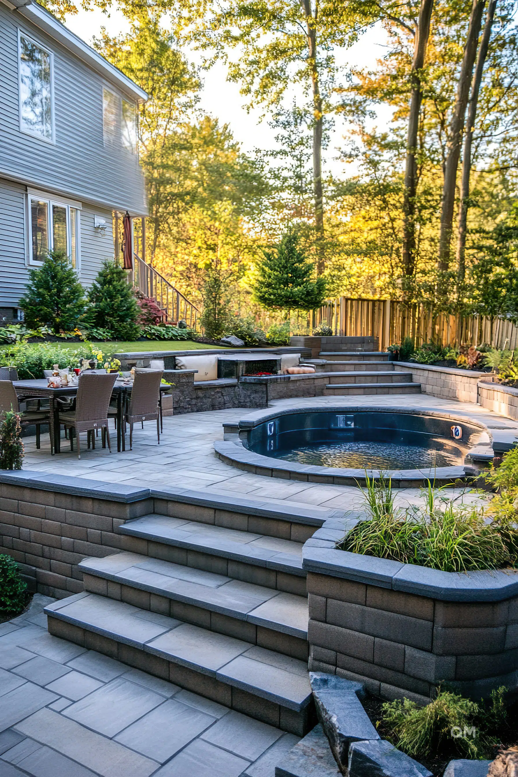 A serene backyard with a hot tub, dining area, stone steps, and greenery, adjacent to a house with a wooded backdrop.