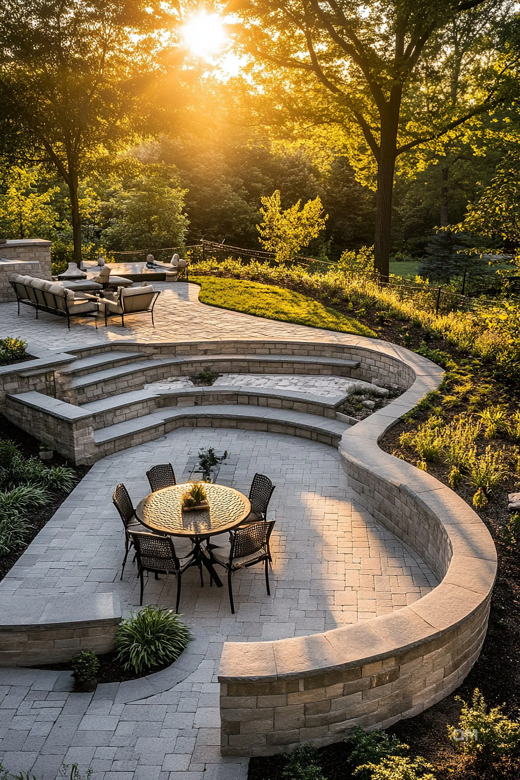 A serene backyard with curved stone steps leading to a patio with a dining set, surrounded by lush greenery and a sunset backdrop.