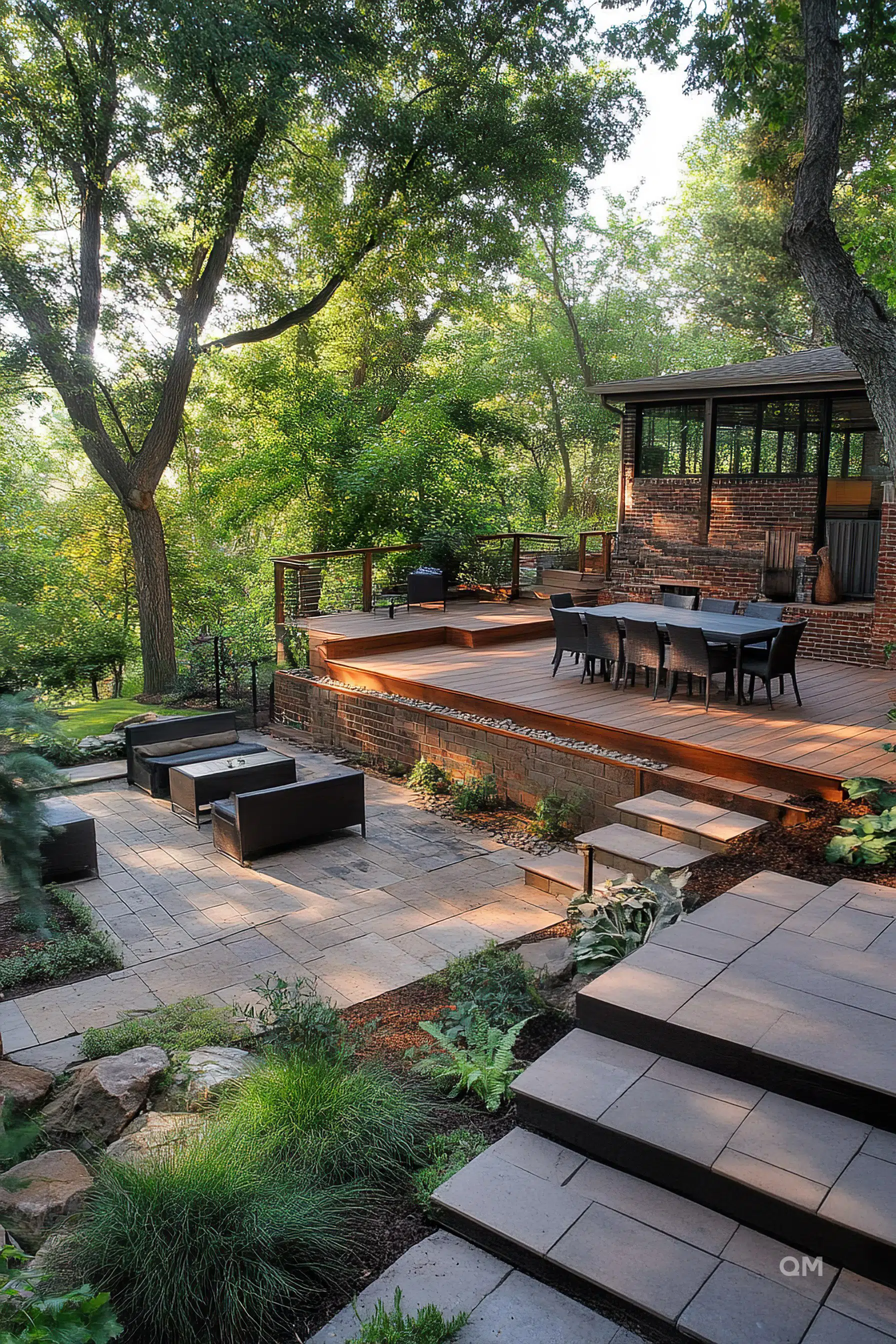 ALT text: A multi-level wooden deck with modern outdoor furniture and dining set amid lush trees, leading down to a stone patio with garden beds.
