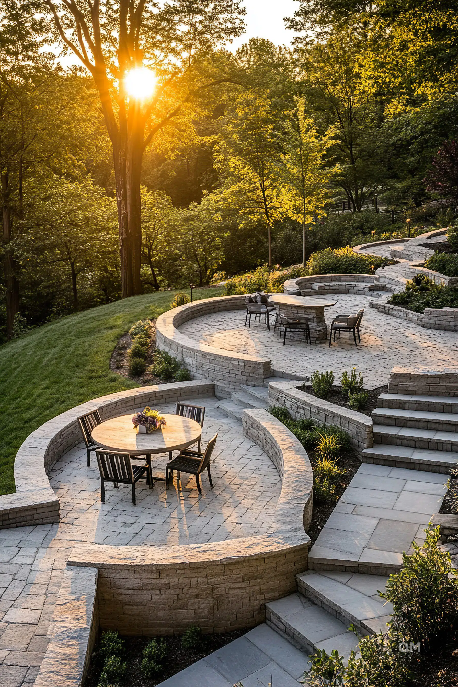Sunset over a tiered garden with stone paths and seating areas surrounded by lush green trees.