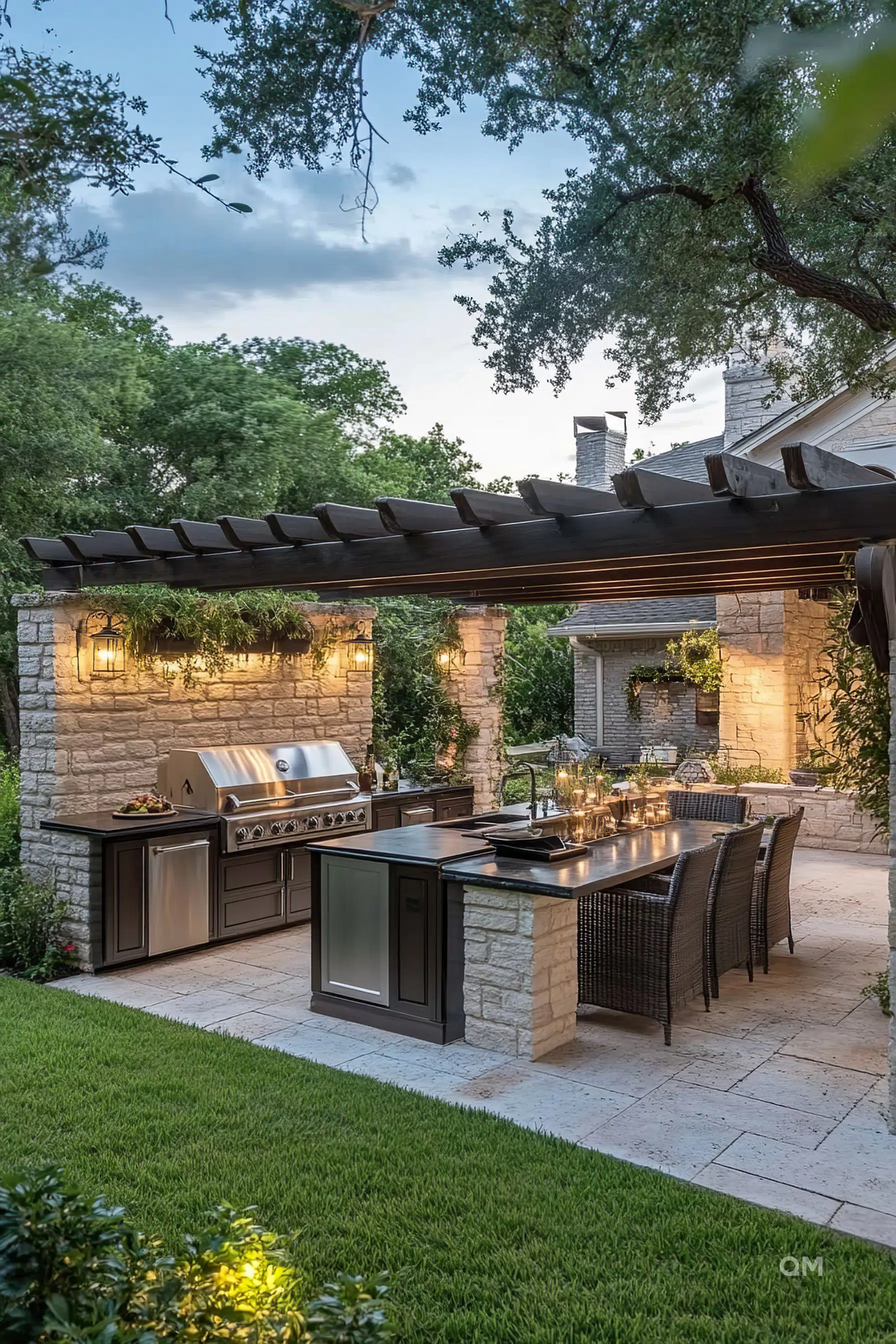 Outdoor patio with a modern kitchen and dining area, stone walls, and green landscaping under a twilight sky.
