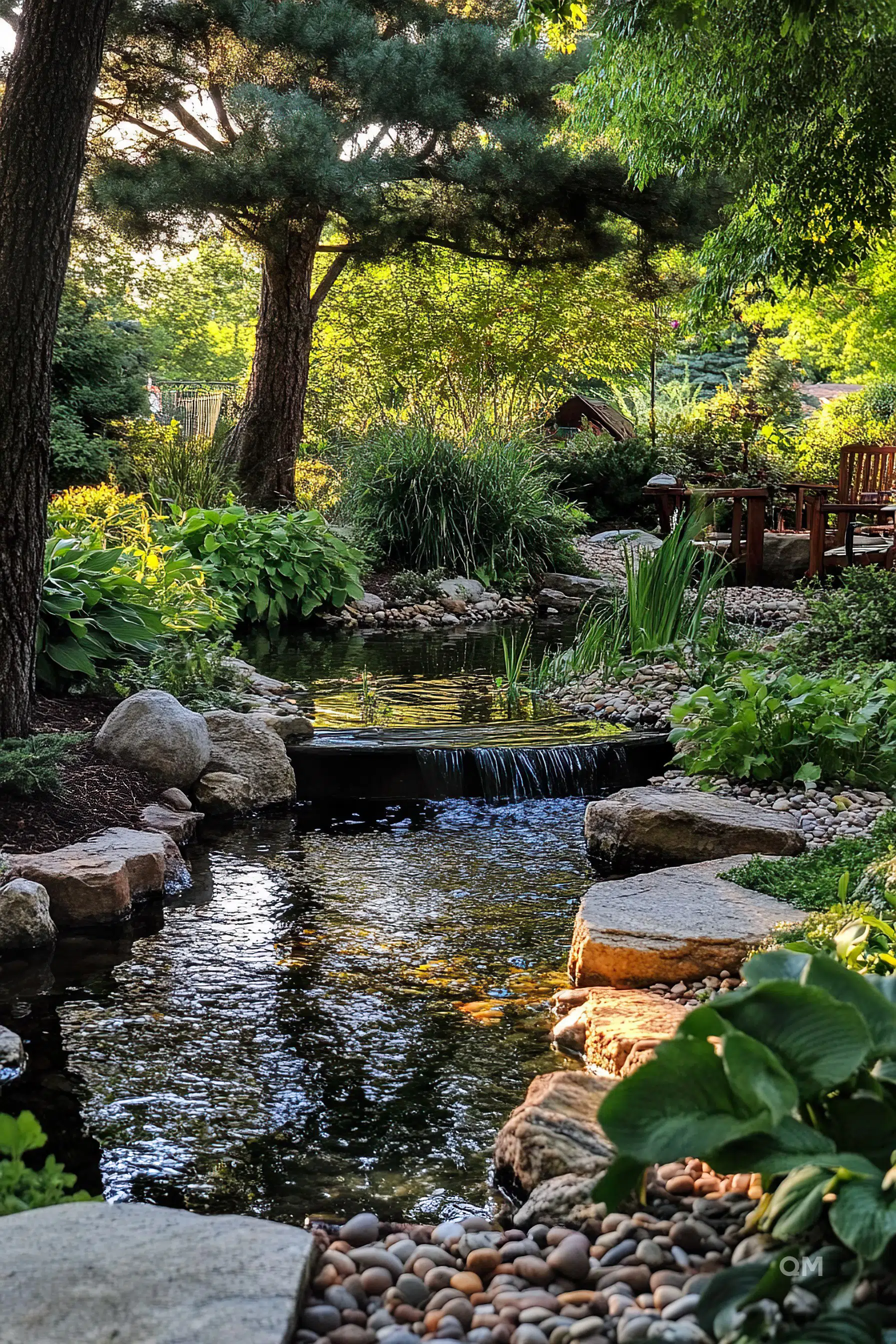 A serene garden with a small waterfall flowing into a pond, surrounded by lush greenery and a wooden bench in the background.