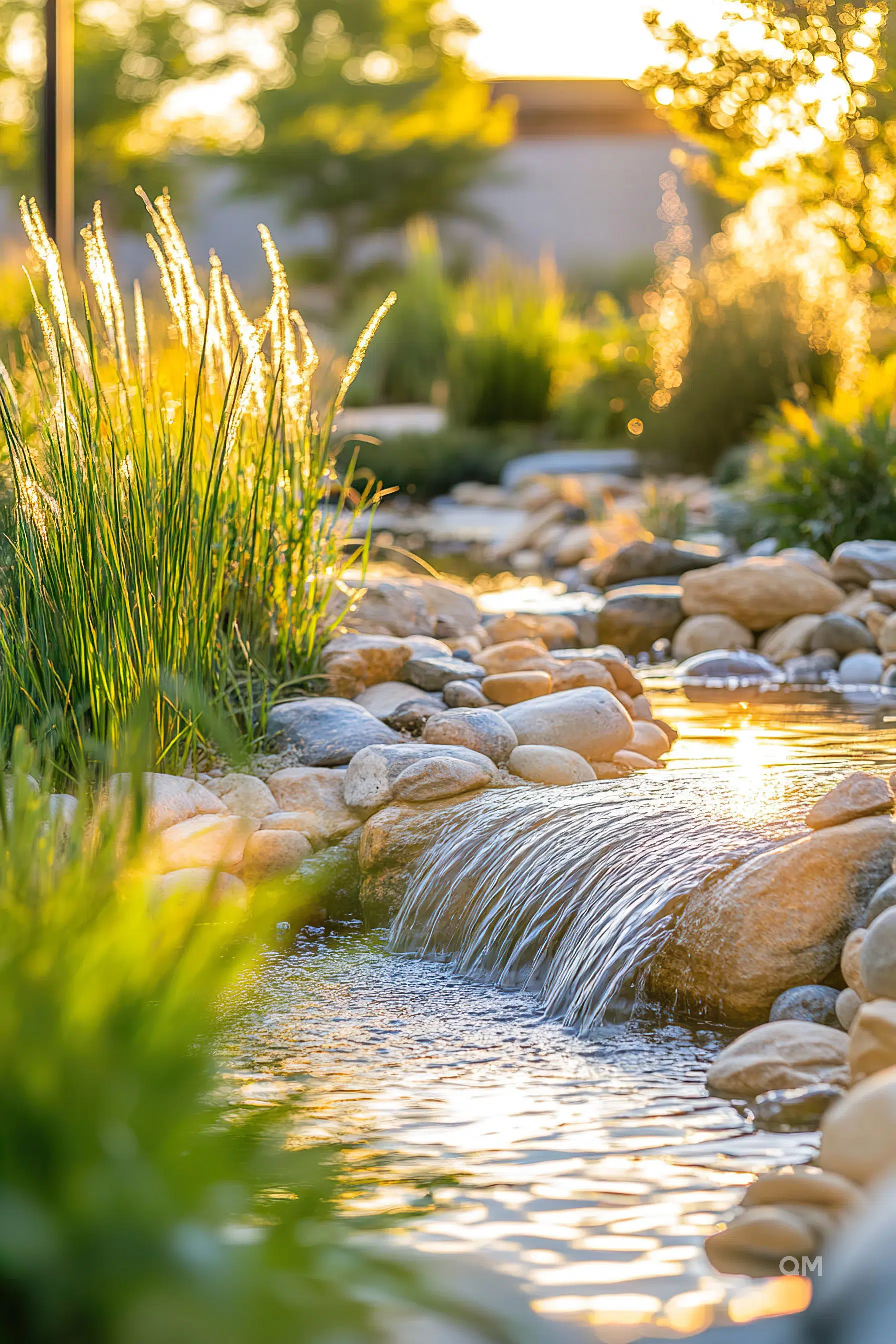 ALT: A serene garden with a small waterfall flowing over rounded stones into a stream, illuminated by warm golden sunlight.
