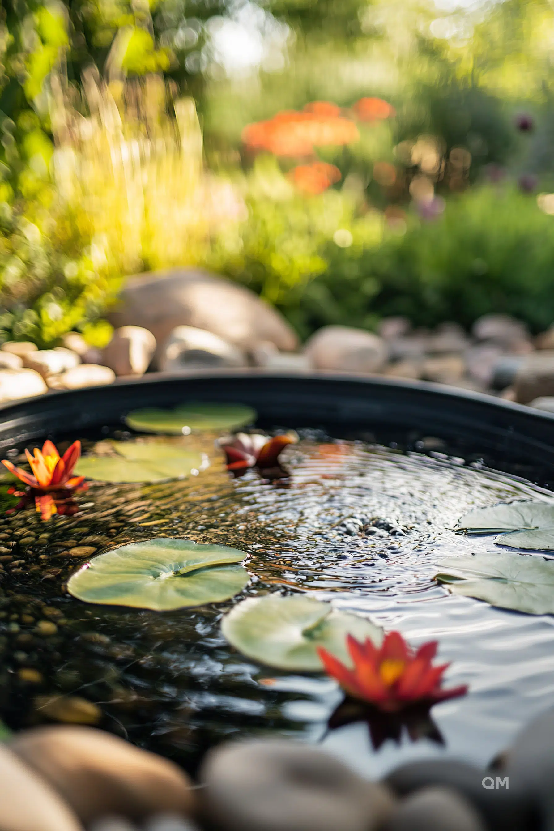 Garden pond with lily pads and flowers, sunlit with a blurred green background and pebbles in the foreground.