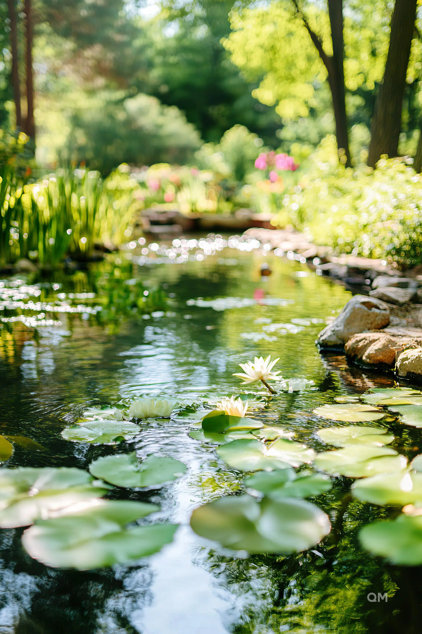 A serene garden pond with water lilies in bloom, dappled sunlight filtering through trees, and lush greenery in soft focus in the background.