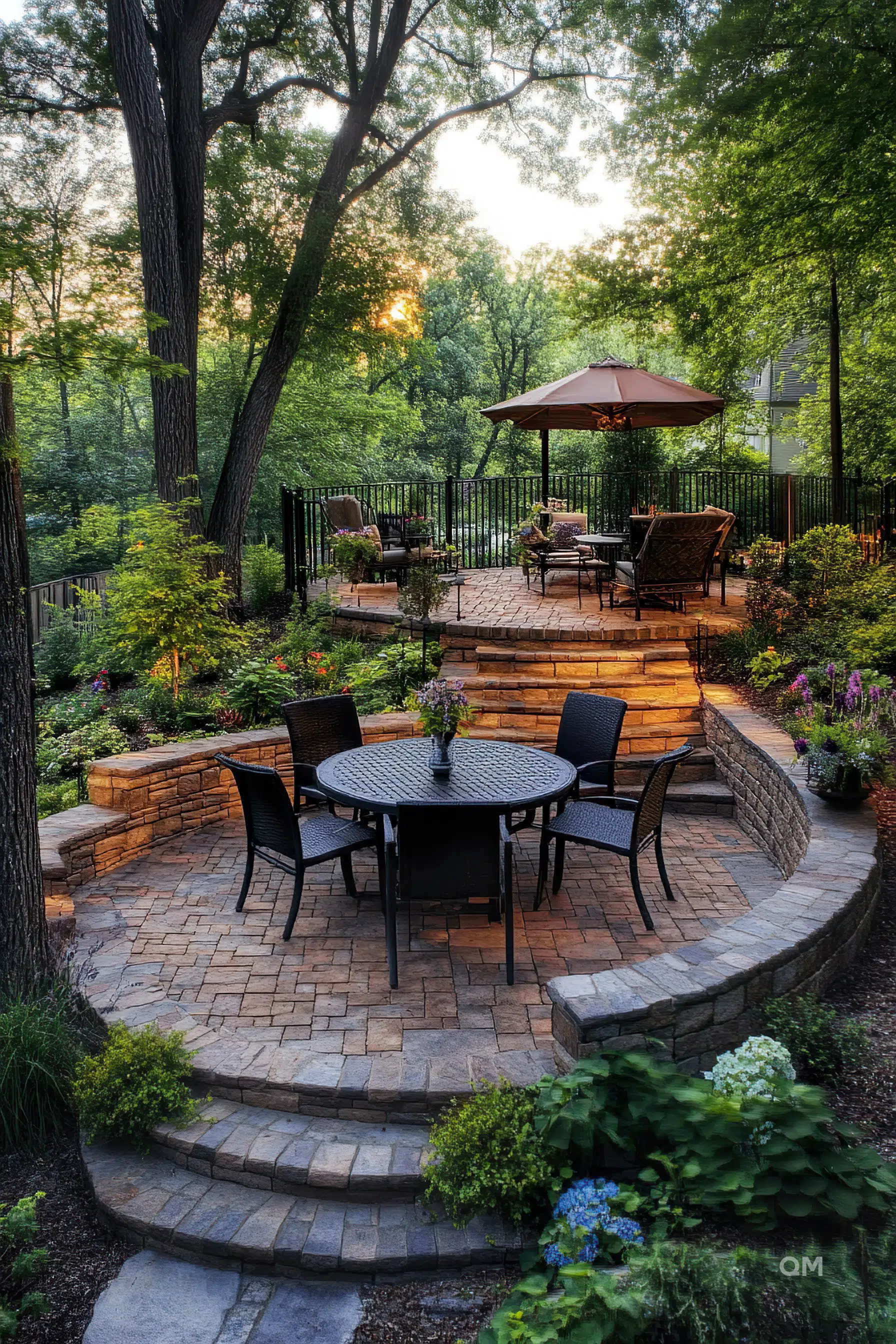 An inviting backyard patio with stone pavers, surrounded by lush greenery and trees, featuring a dining set and a raised lounge area with an umbrella.