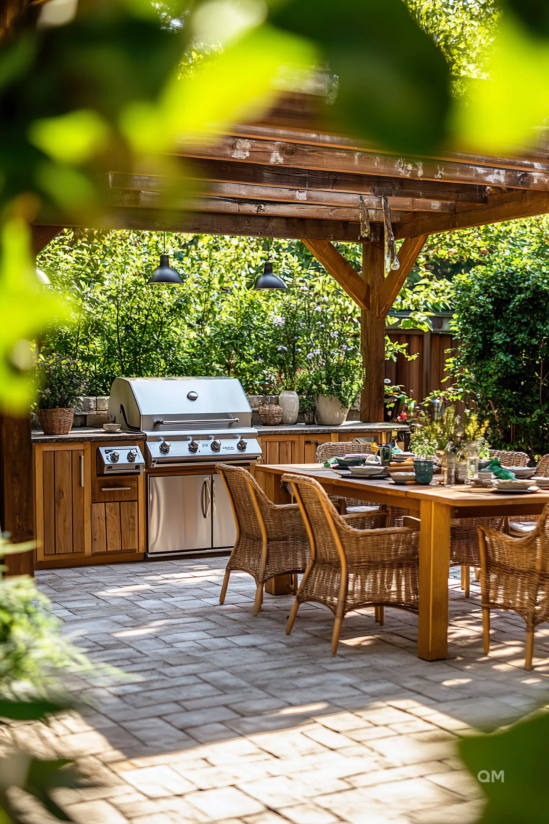An outdoor kitchen with a grill, wooden cabinets, and a dining area surrounded by lush greenery in a sunny backyard.