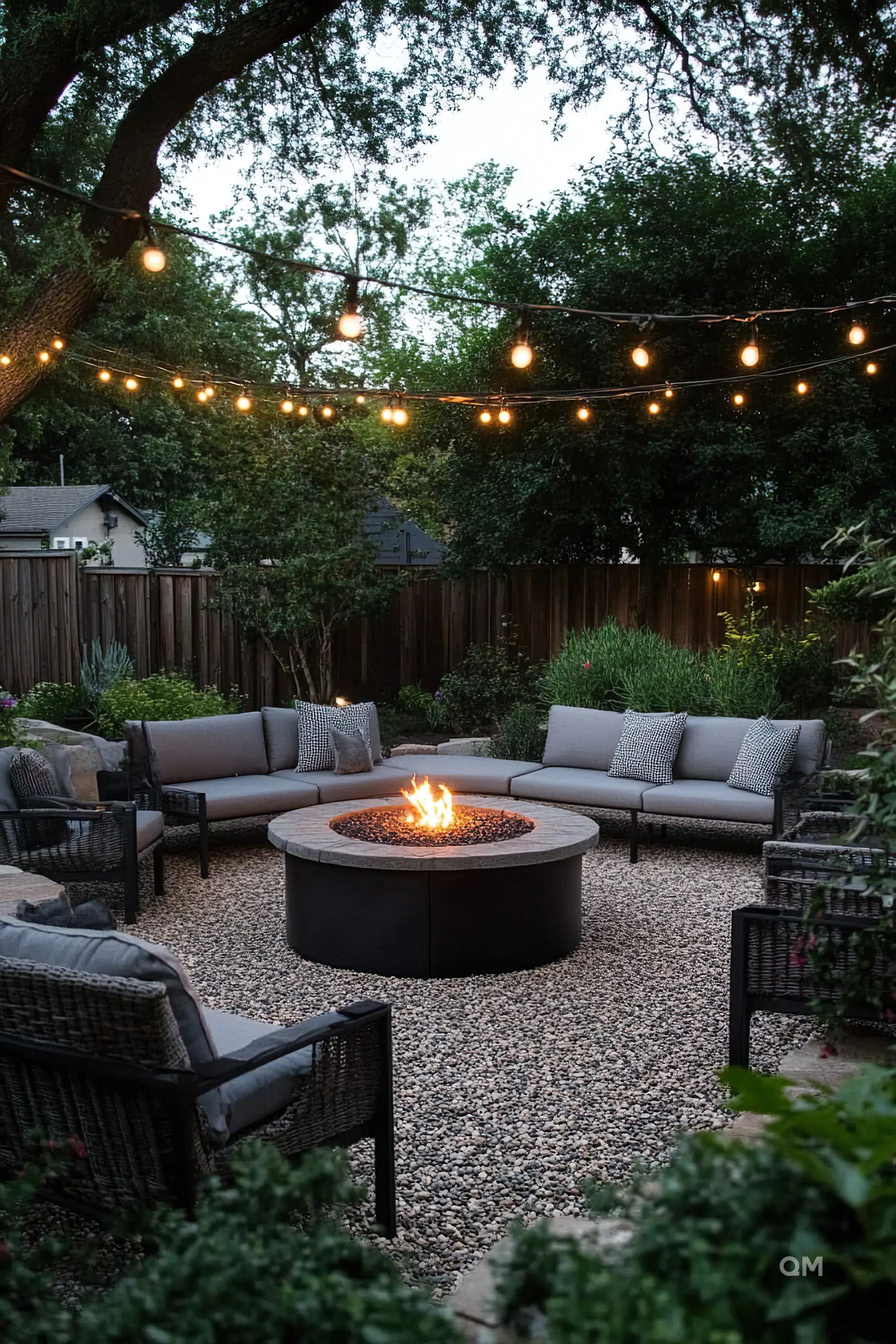 Cozy backyard evening setting with a round fire pit, surrounded by outdoor furniture, string lights above, and a wooden fence.
