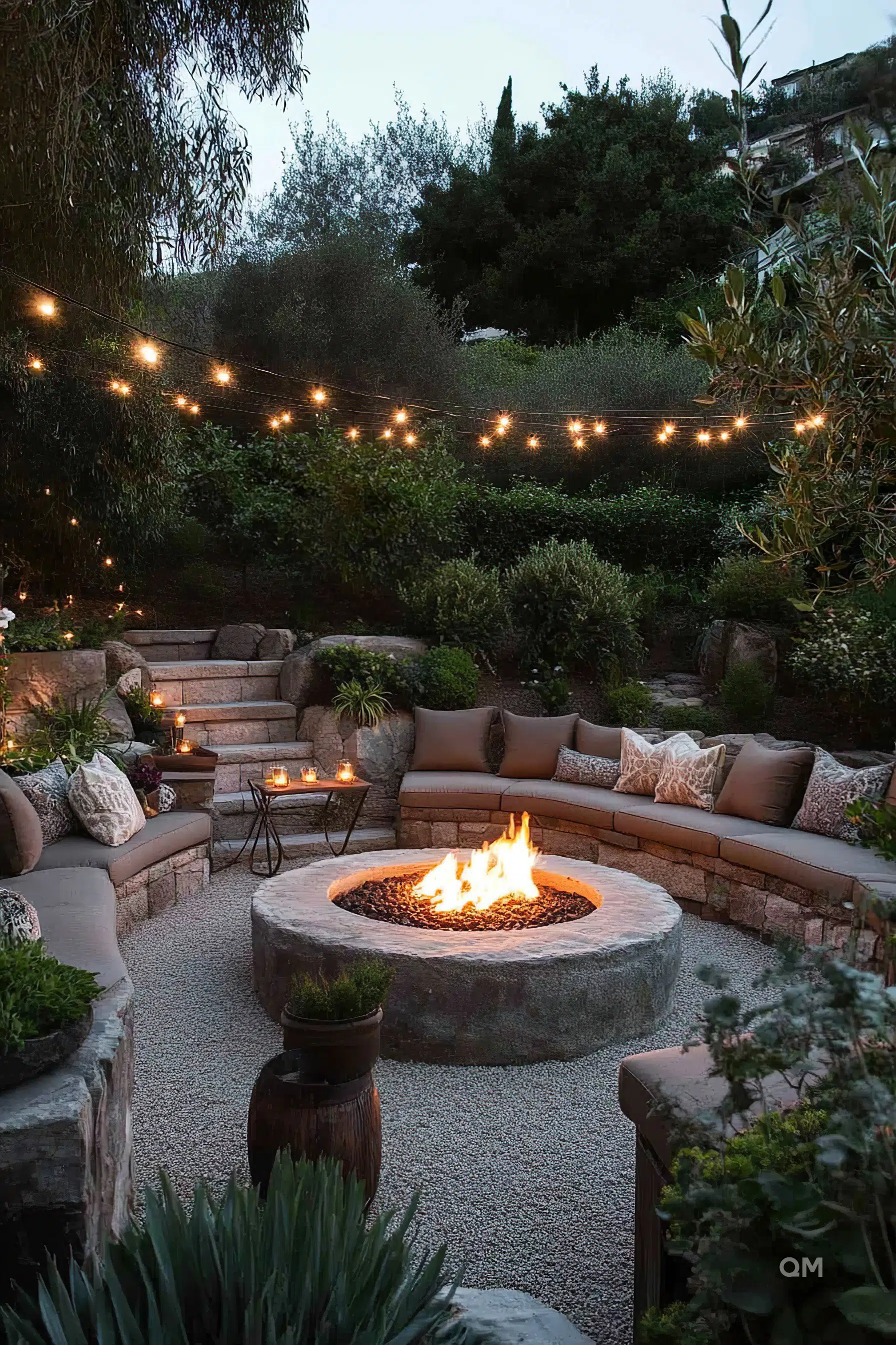 Cozy outdoor patio with string lights, a fire pit, surrounded by cushioned seating and lush greenery at dusk.
