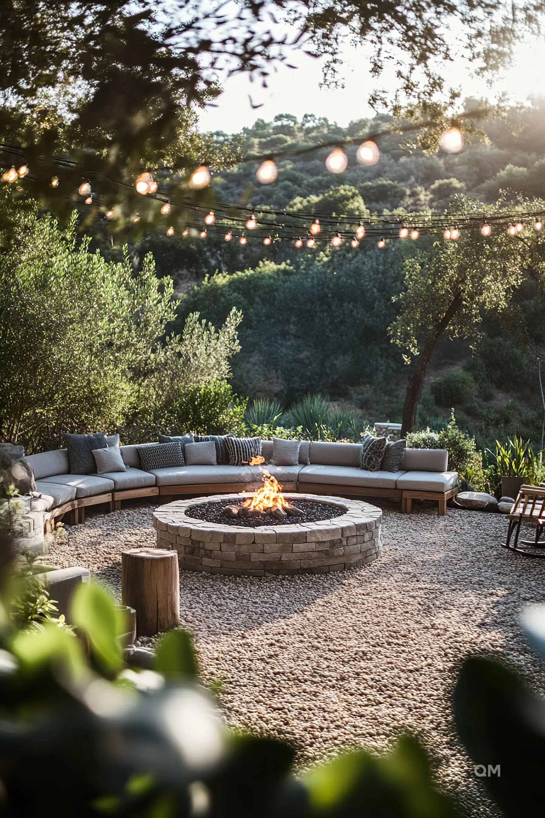 Outdoor seating area with a circular fire pit in the center, surrounded by string lights with a natural backdrop.