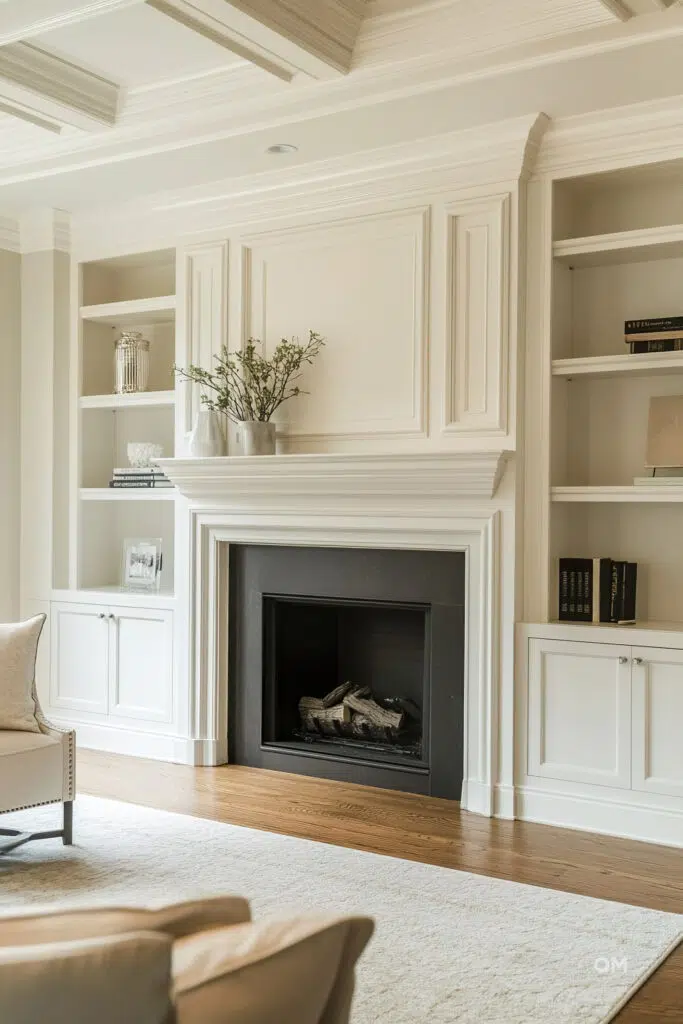 Elegant living room featuring a white fireplace with built-in bookshelves, decorative molding, and a cozy beige armchair.