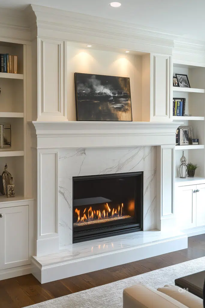 Elegant living room with a lit fireplace surrounded by white marble and built-in bookshelves, with a dark abstract painting above.