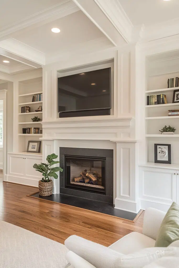 Elegant living room with a mounted flat-screen TV above a fireplace, surrounded by built-in white bookshelves and crown molding.