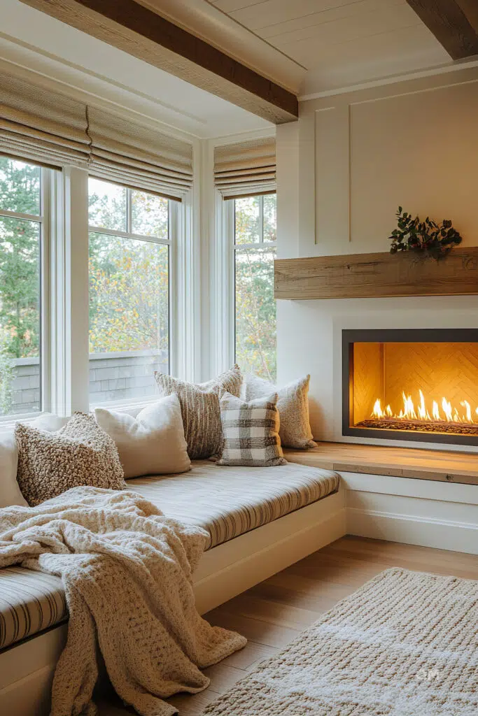 Cozy nook with pillows, a knit blanket, and a modern fireplace in a room with large windows and wooden accents.