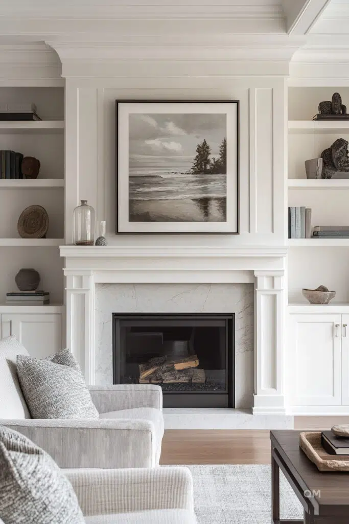 Elegant living room with a white fireplace, framed seascape art above, built-in shelves, and cozy armchairs.