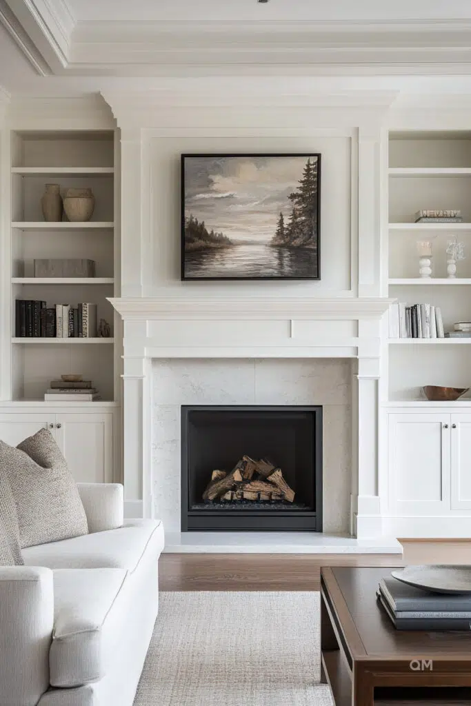 Elegant living room with a white fireplace, marble surround, landscape painting above, built-in shelves, and cozy furnishings.