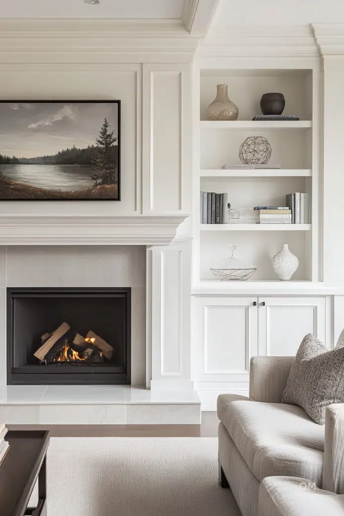 Elegant living room with a lit fireplace, built-in shelves with decorative items, and a framed landscape painting above the mantle.