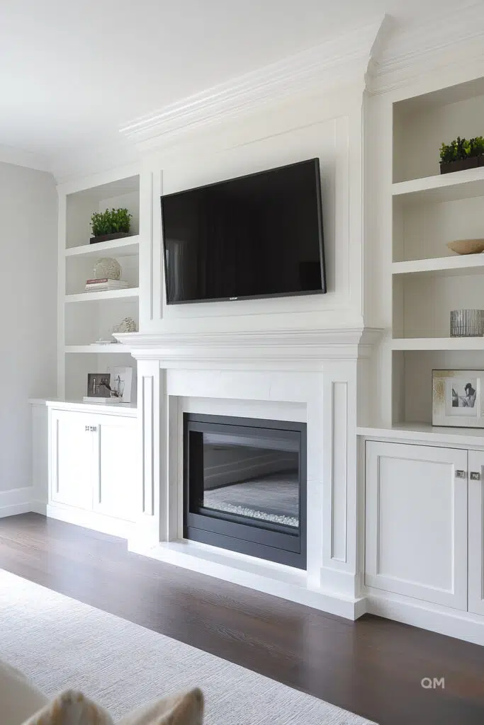 Modern living room with white built-in shelving, a mounted flat-screen TV above a fireplace, and decorative items on shelves.